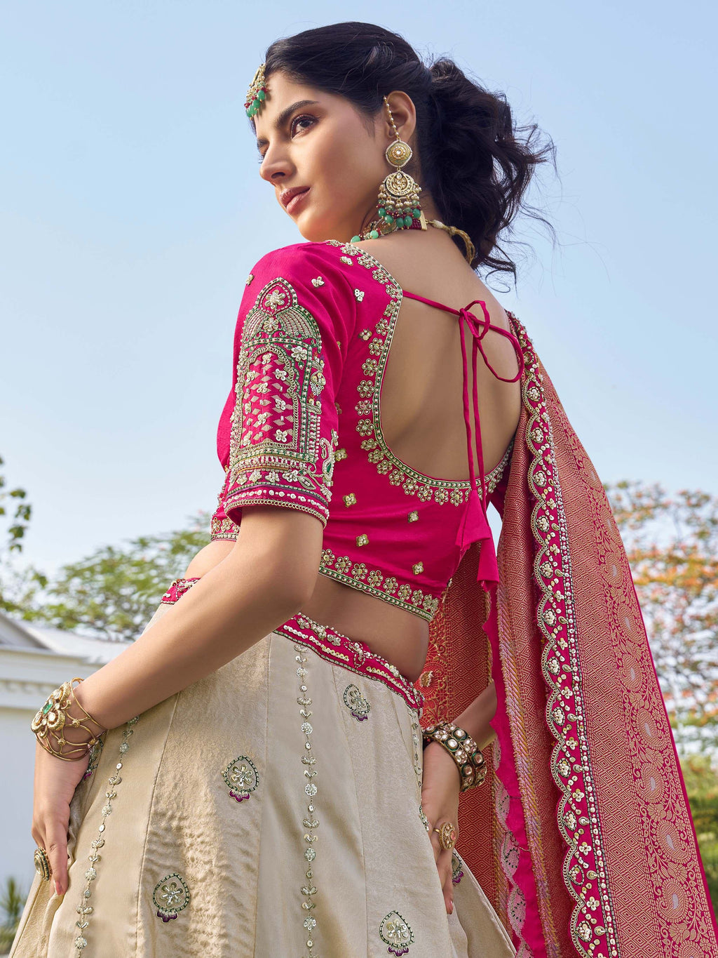 Outstanding Off-White Beads Work Tissue Bridesmaid Lehenga Choli