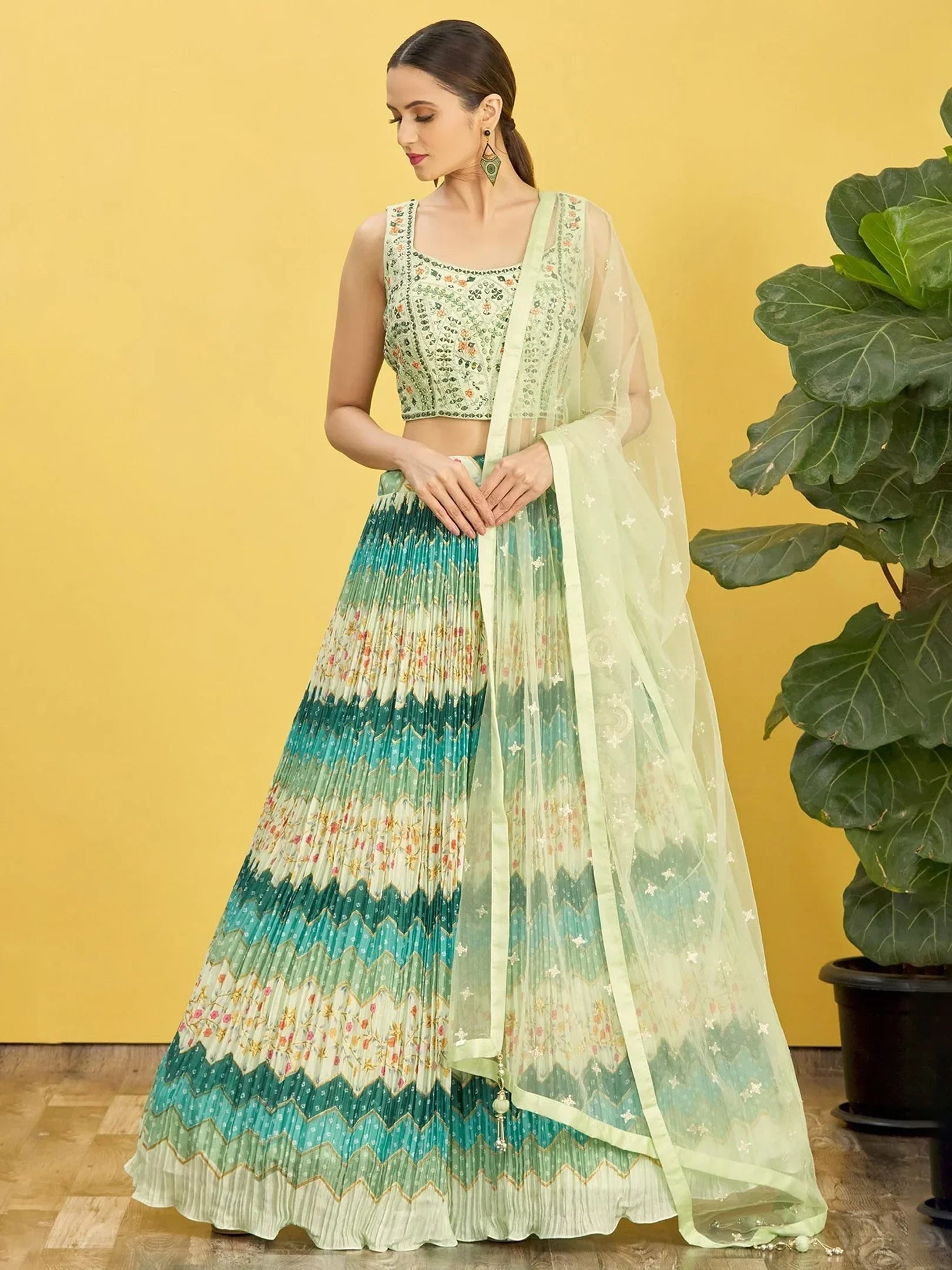 Styling Green Mirror Work Chinon Reception Wear Lehenga Choli