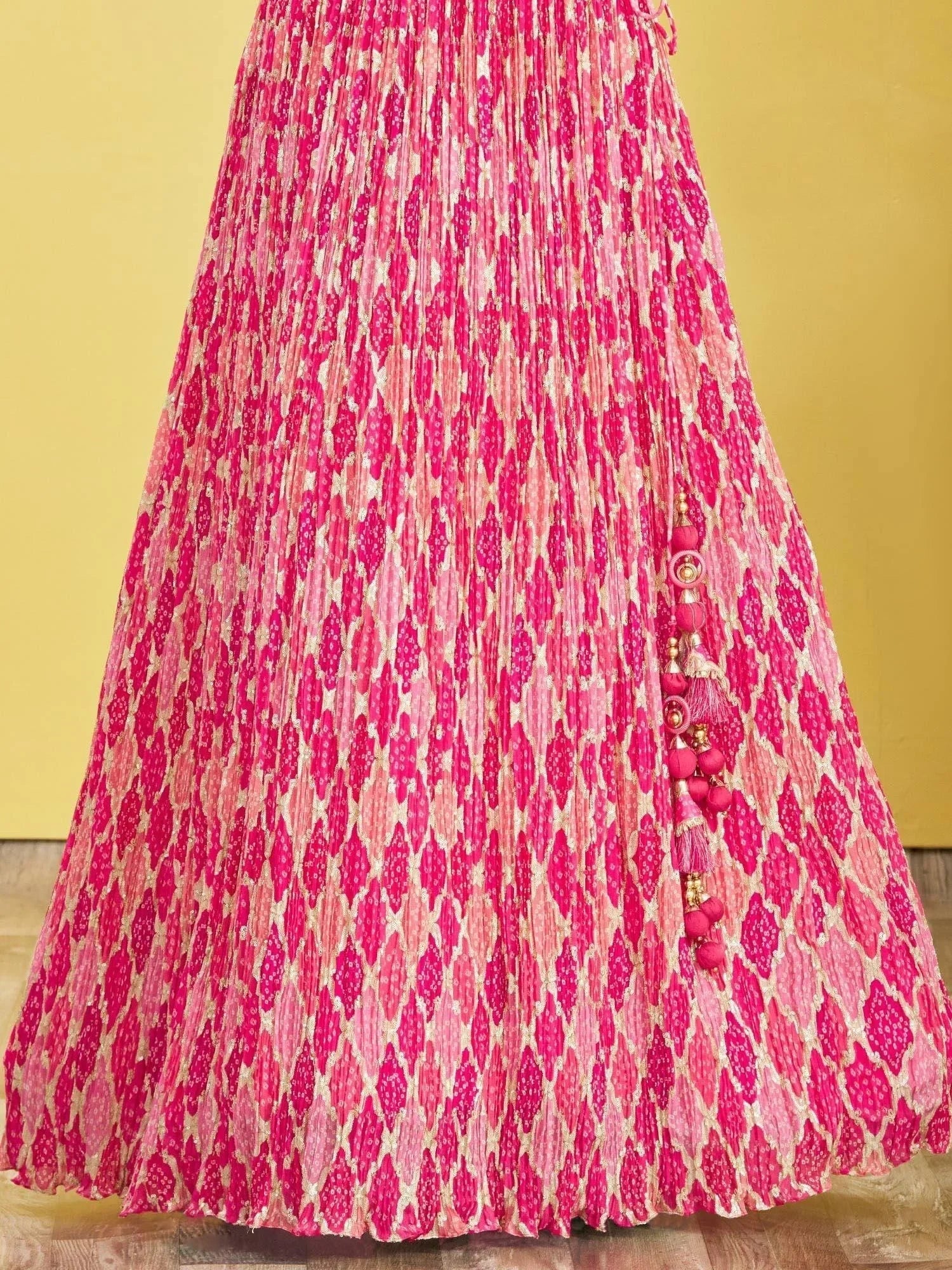 Beautiful Pink Mirror Work Chinon Reception Wear Lehenga Choli