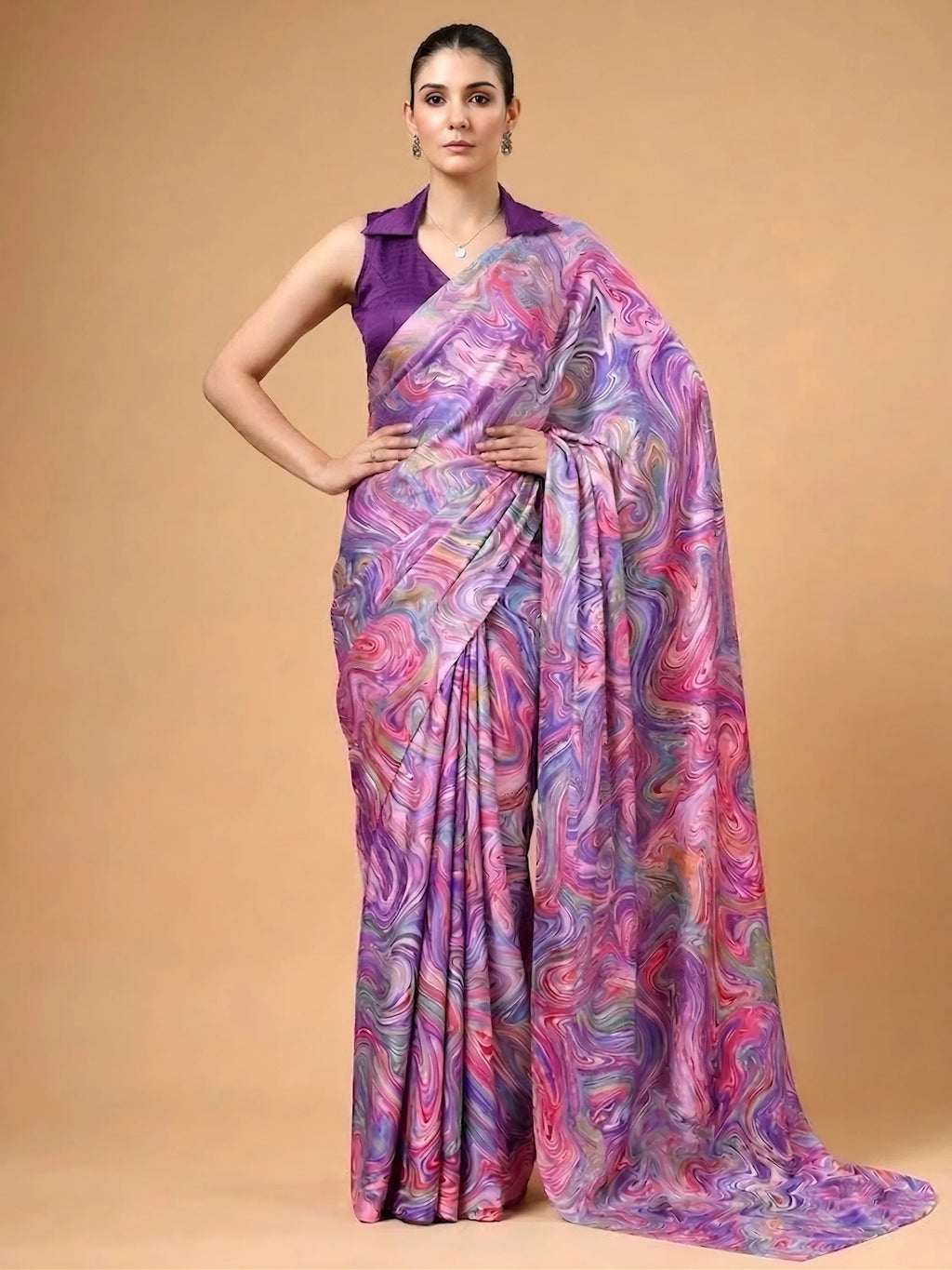 Lavender Charming Digital Printed Satin Festive Wear Saree With Blouse
