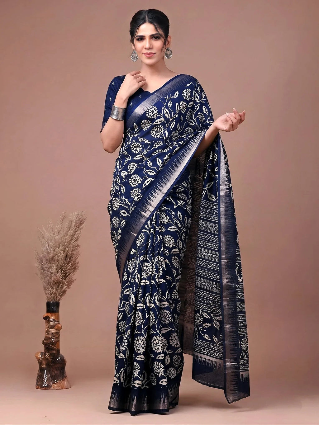 Navy Majestic Floral Printed Silk Casual Wear Saree With Blouse