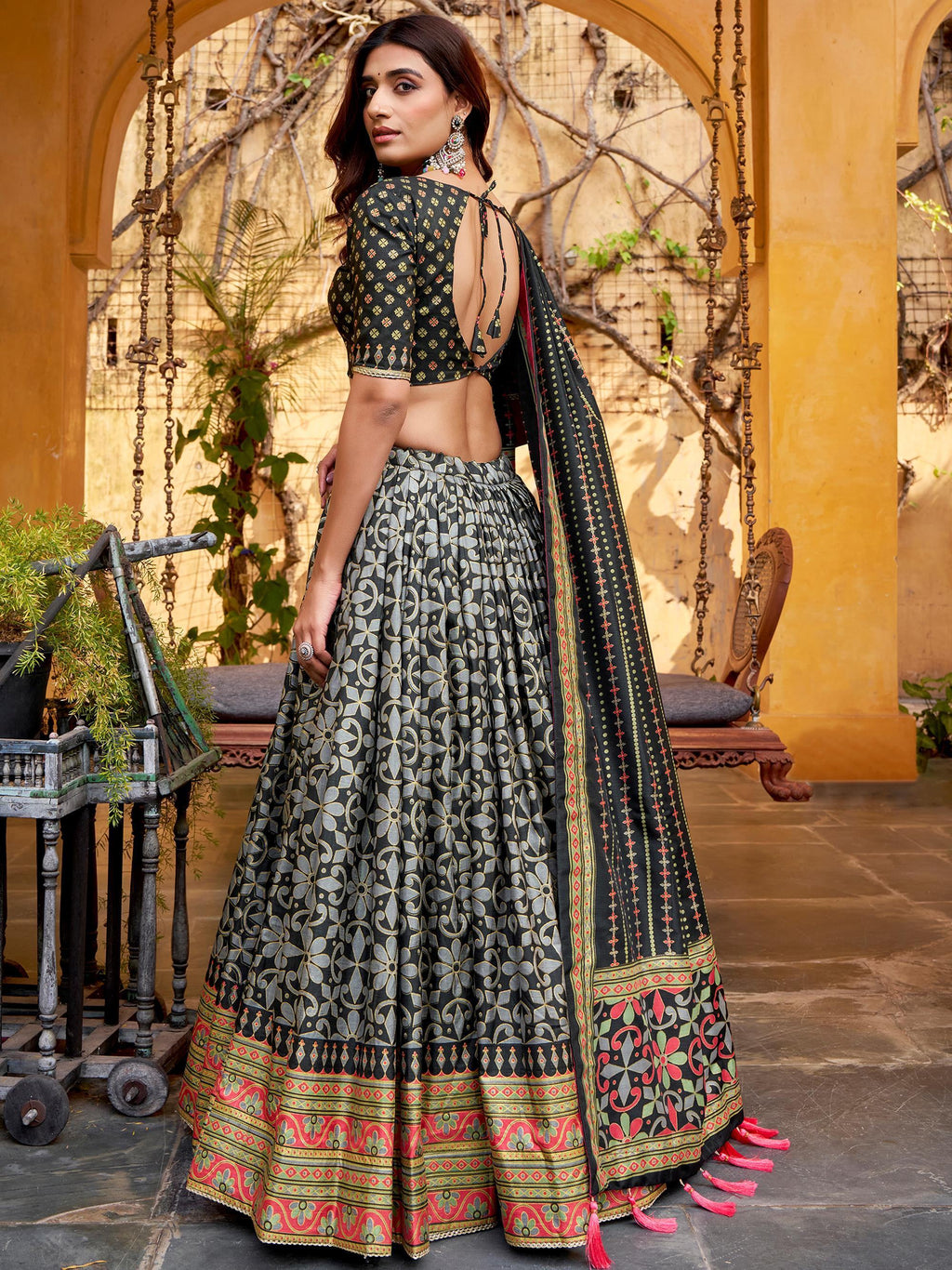 Black Elegant Digital Printed Silk Wedding Wear Lehenga Choli