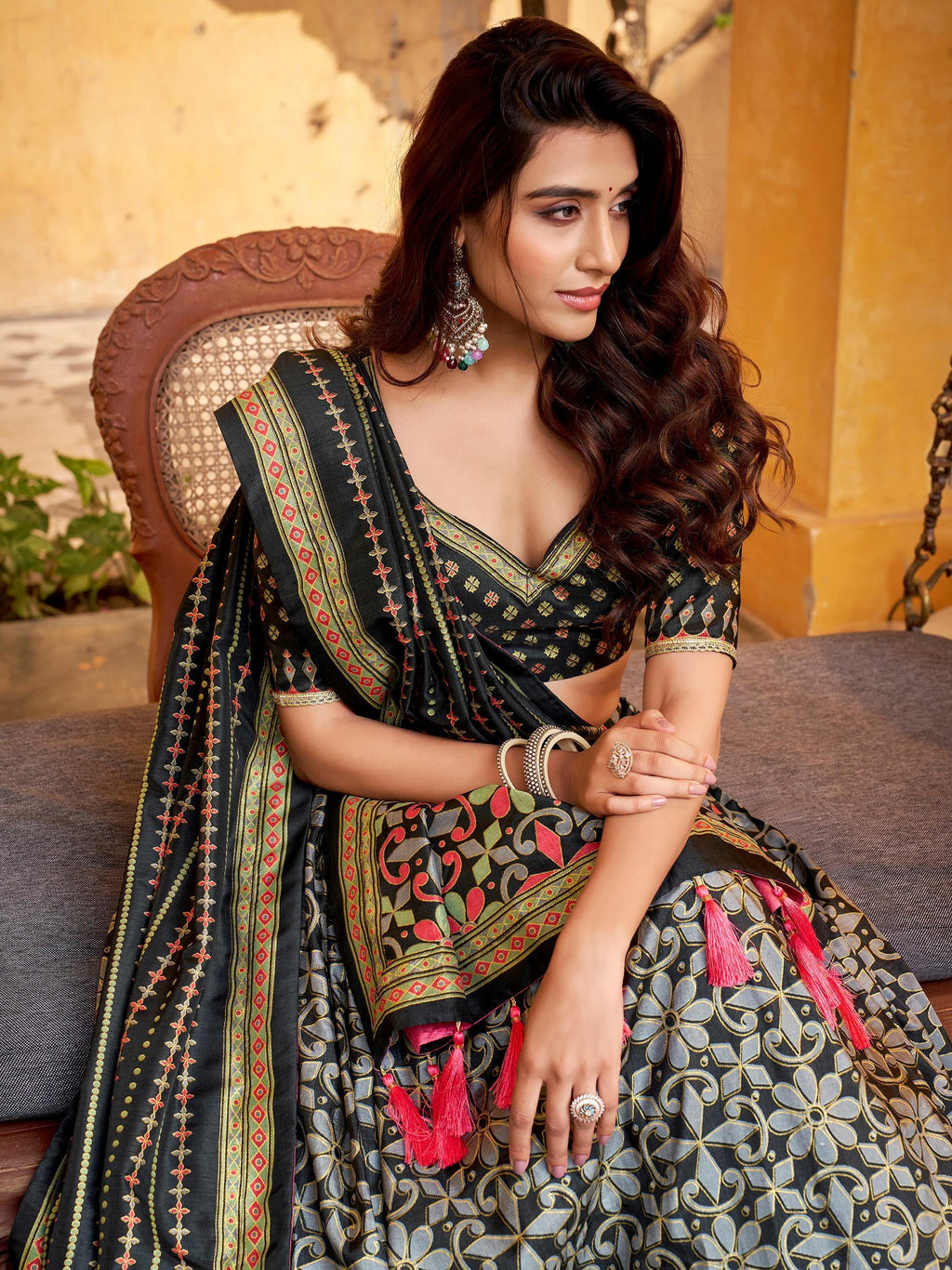 Black Elegant Digital Printed Silk Wedding Wear Lehenga Choli