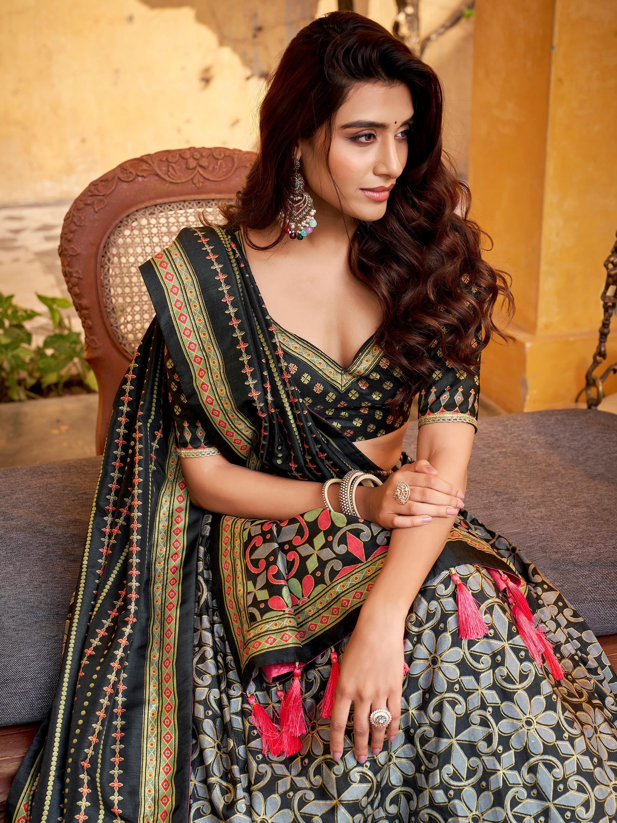 Black Elegant Digital Printed Silk Wedding Wear Lehenga Choli