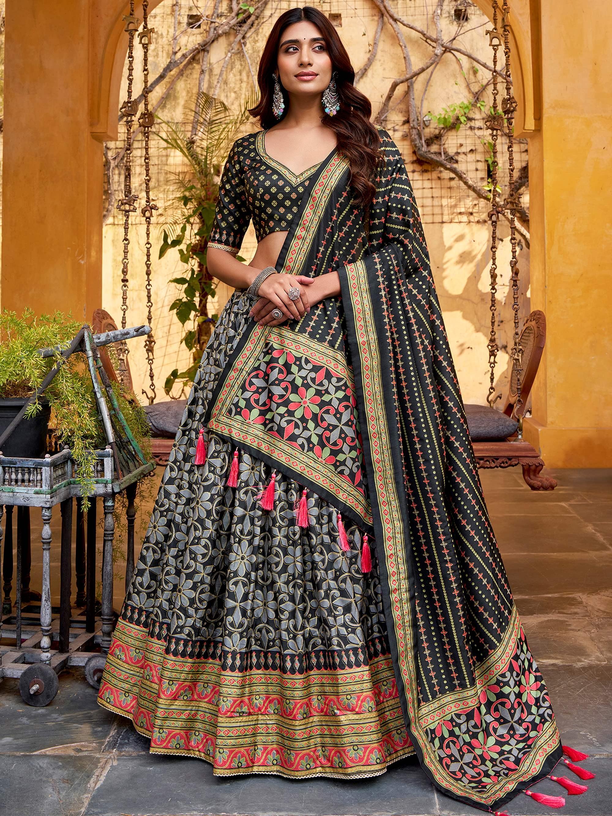 Black Elegant Digital Printed Silk Wedding Wear Lehenga Choli
