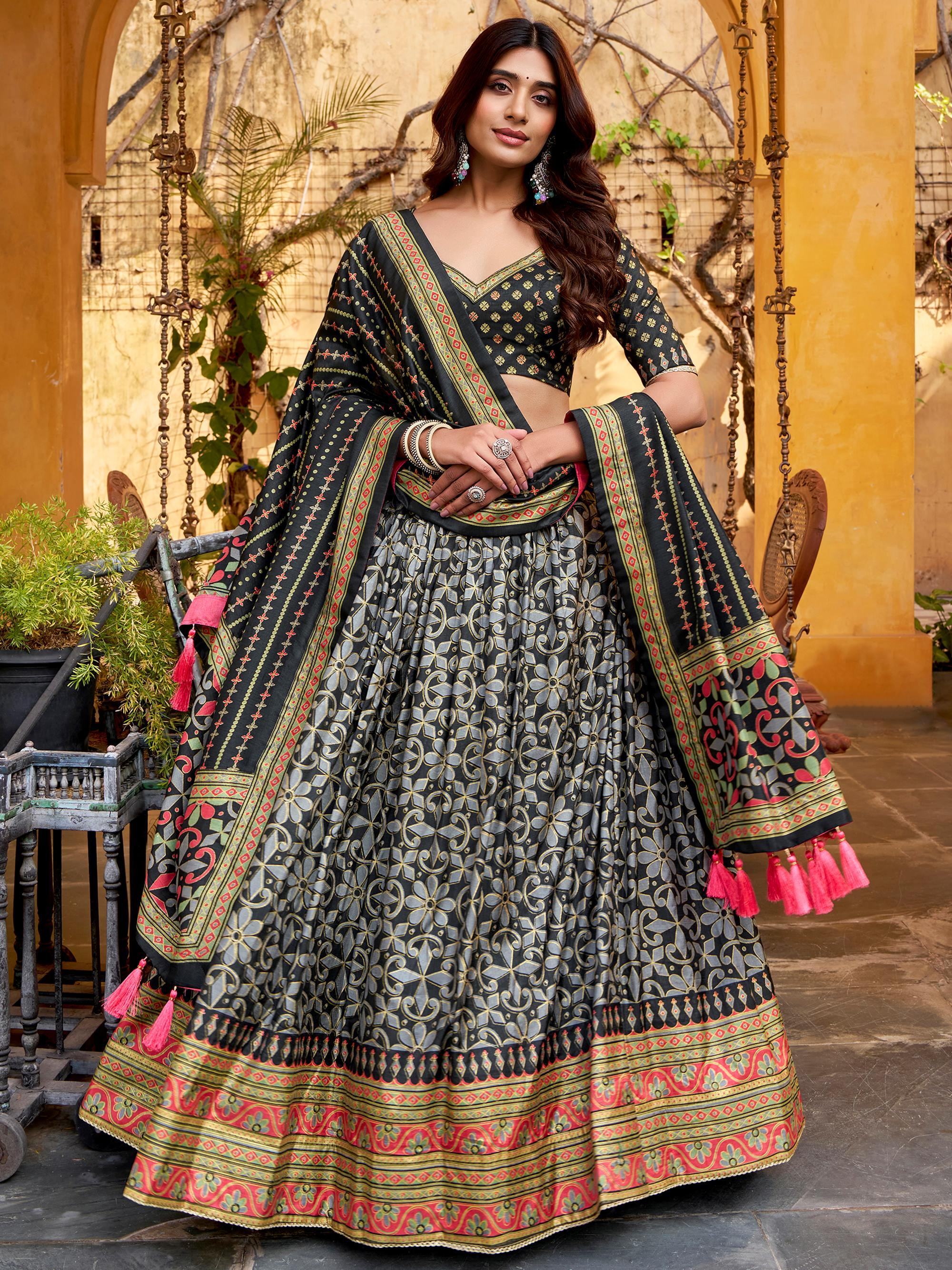 Black Elegant Digital Printed Silk Wedding Wear Lehenga Choli