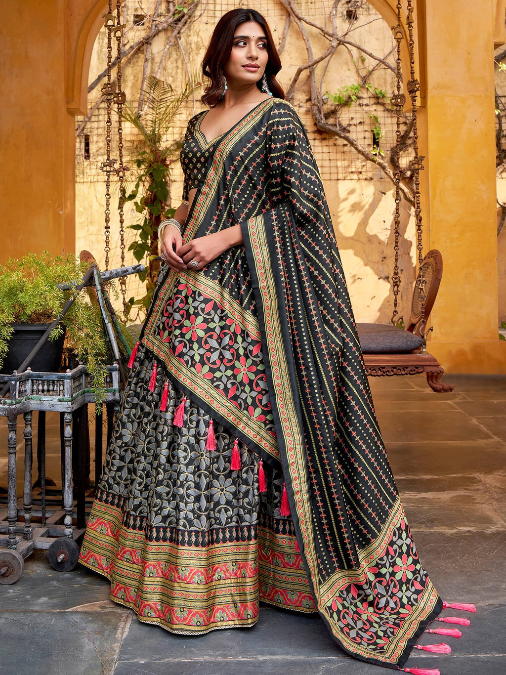 Black Elegant Digital Printed Silk Wedding Wear Lehenga Choli