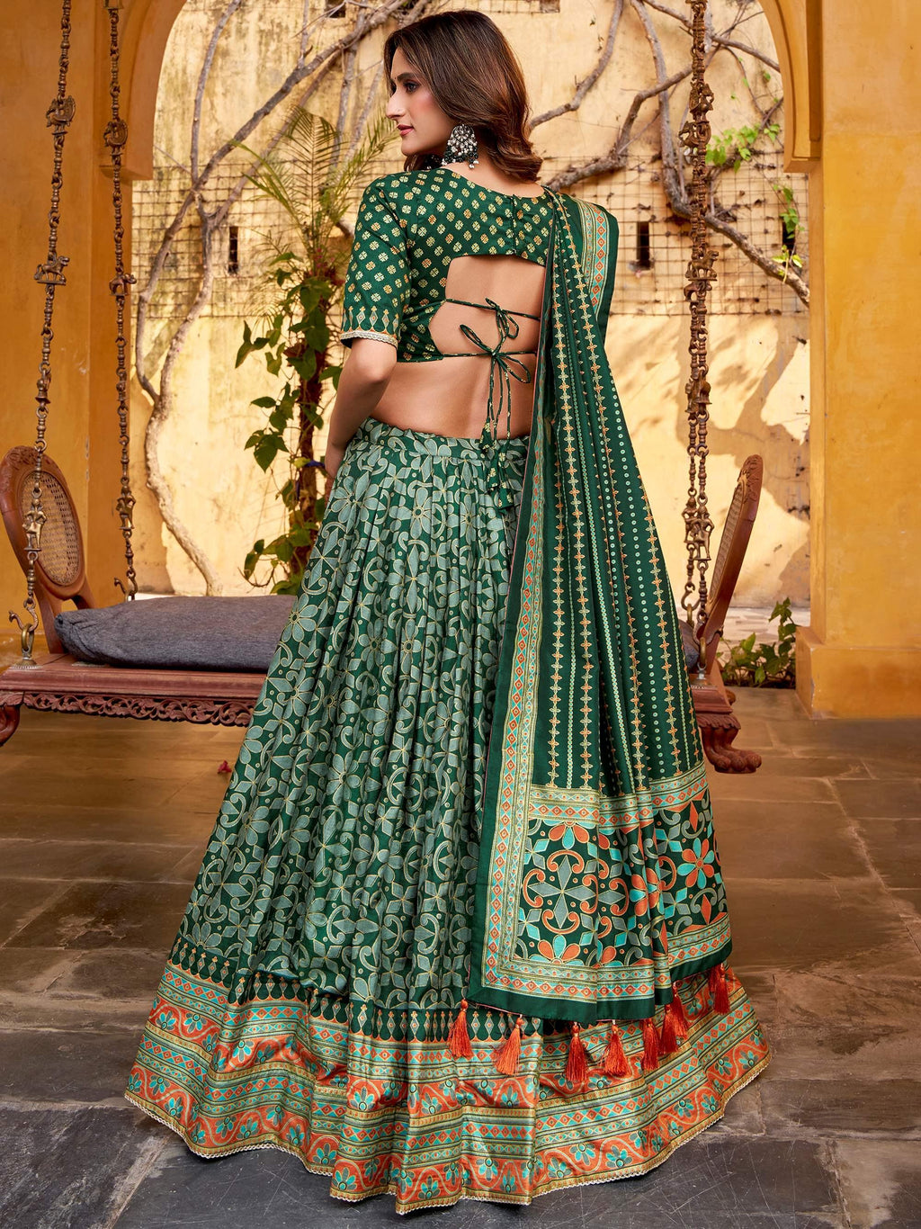 Green Elegant Digital Printed Silk Wedding Wear Lehenga Choli