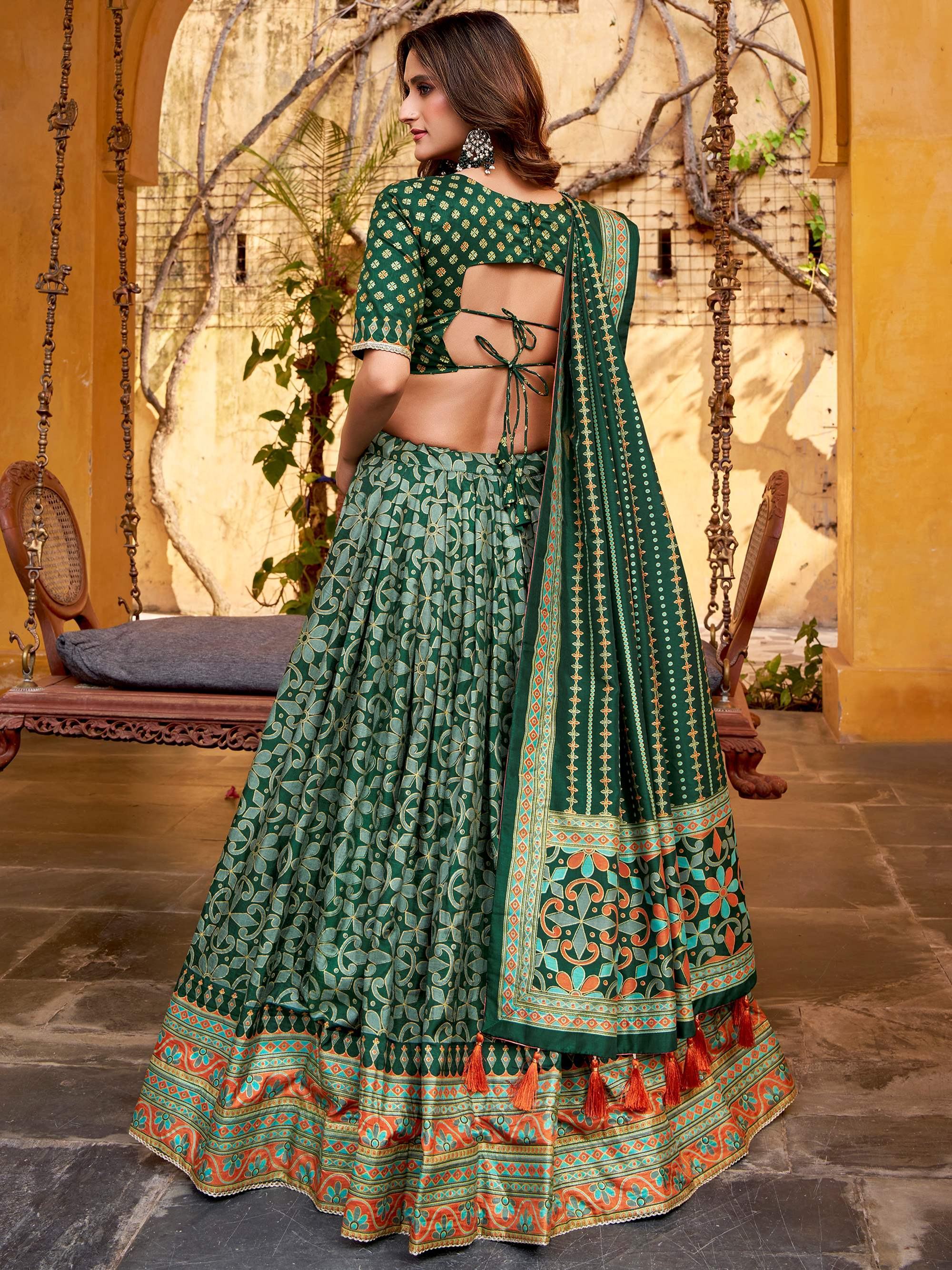 Green Elegant Digital Printed Silk Wedding Wear Lehenga Choli