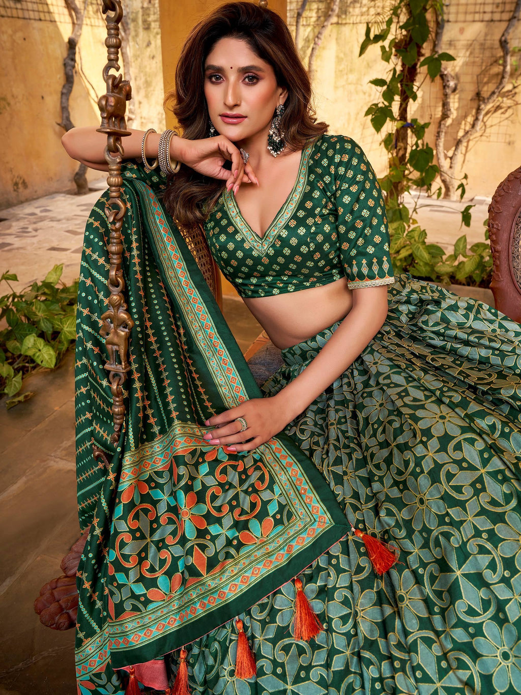 Green Elegant Digital Printed Silk Wedding Wear Lehenga Choli