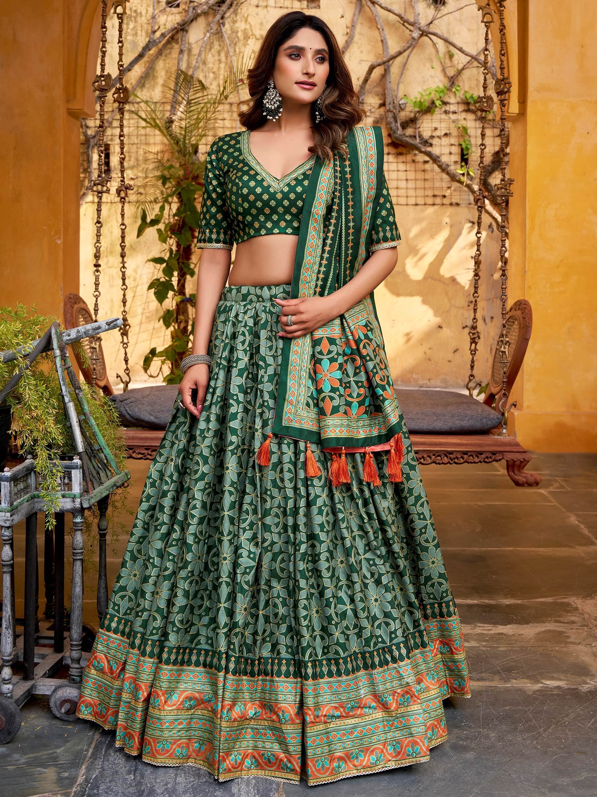 Green Elegant Digital Printed Silk Wedding Wear Lehenga Choli