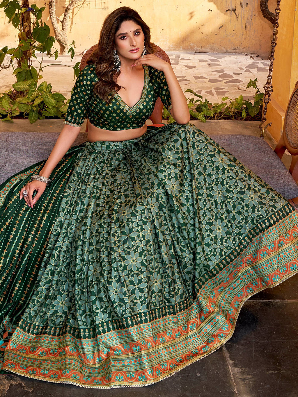 Green Elegant Digital Printed Silk Wedding Wear Lehenga Choli