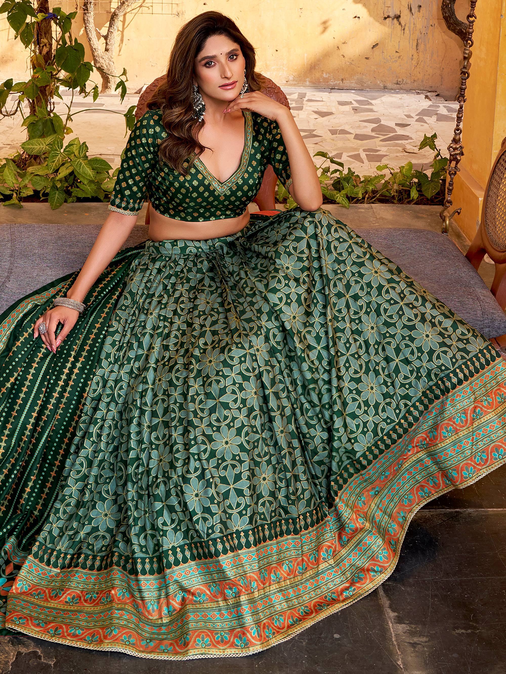 Green Elegant Digital Printed Silk Wedding Wear Lehenga Choli