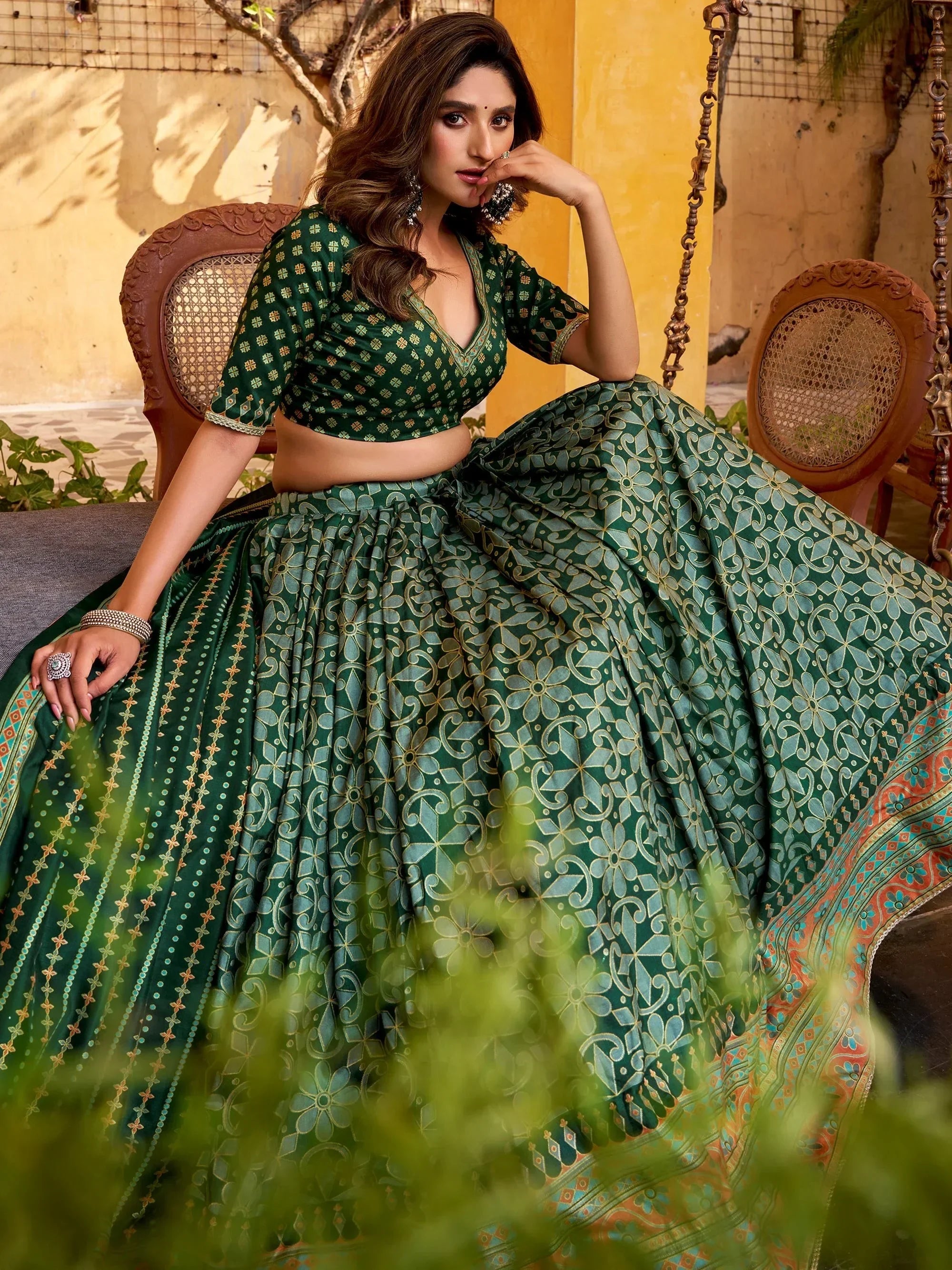 Green Elegant Digital Printed Silk Wedding Wear Lehenga Choli