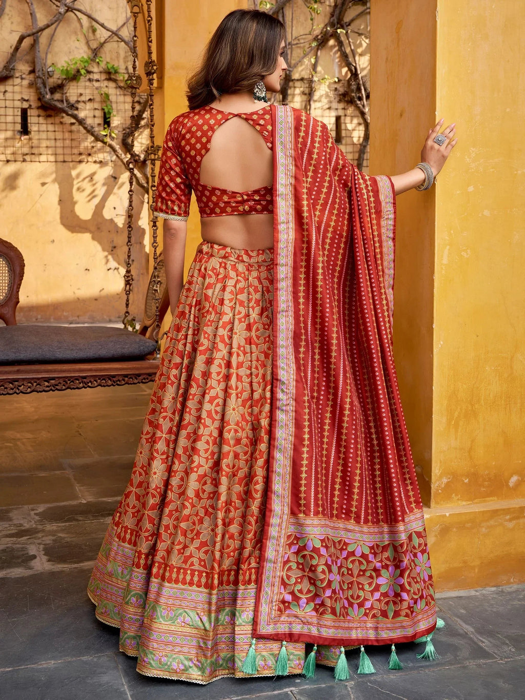 Orange Elegant Digital Printed Silk Wedding Wear Lehenga Choli