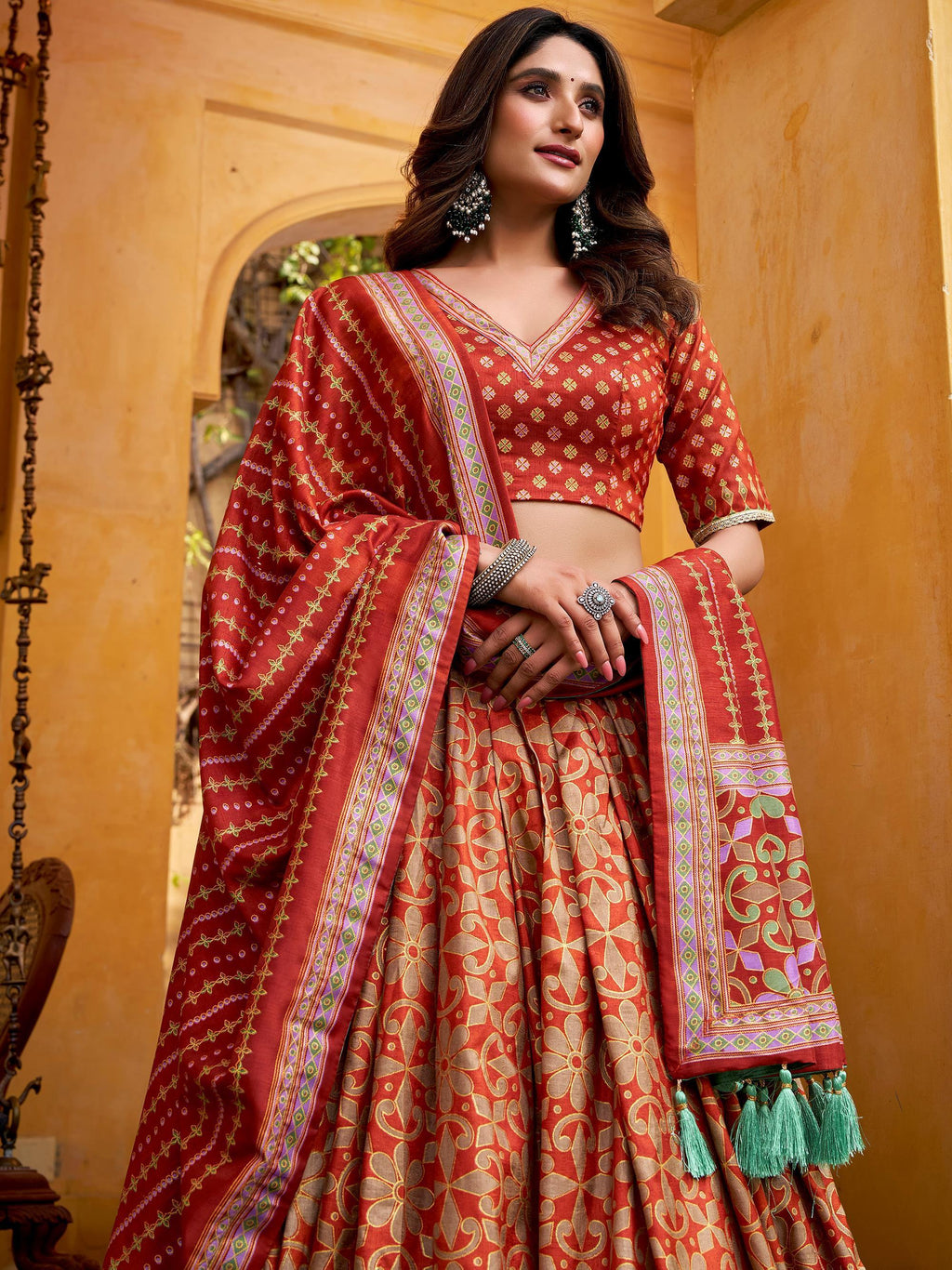 Orange Elegant Digital Printed Silk Wedding Wear Lehenga Choli