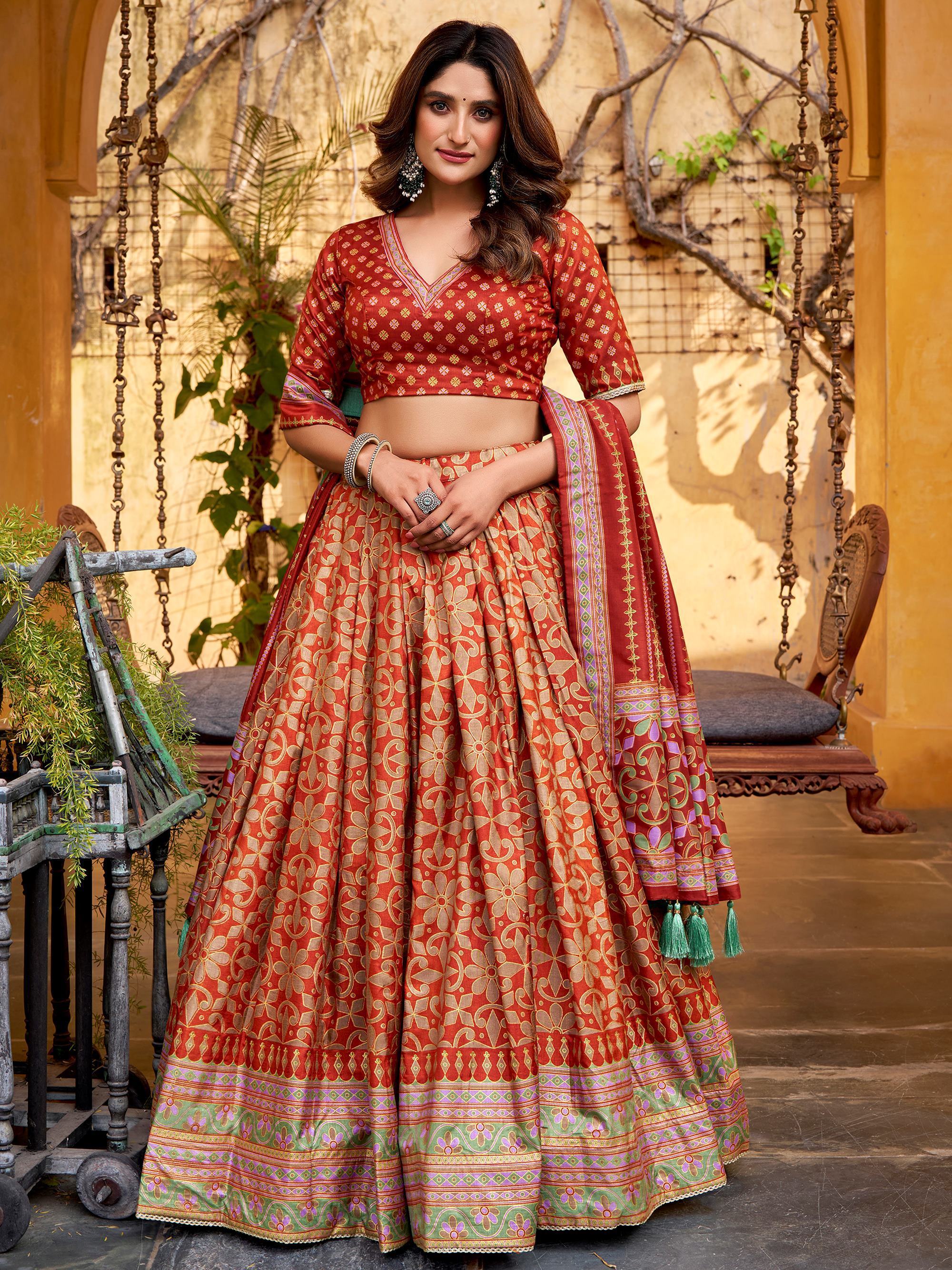 Orange Elegant Digital Printed Silk Wedding Wear Lehenga Choli