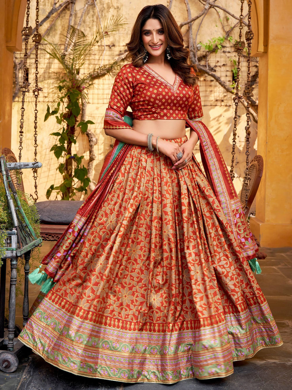 Orange Elegant Digital Printed Silk Wedding Wear Lehenga Choli