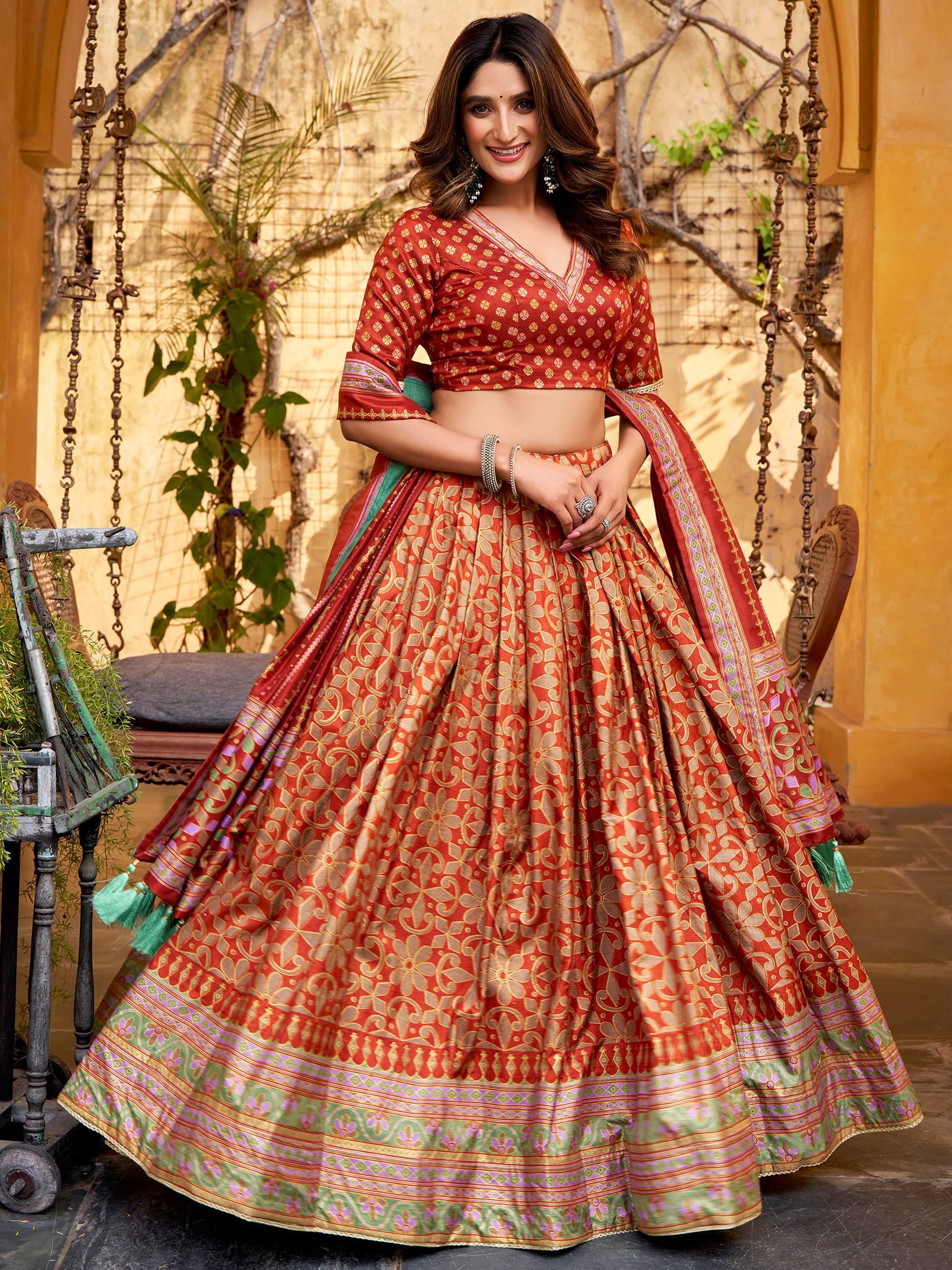 Orange Elegant Digital Printed Silk Wedding Wear Lehenga Choli
