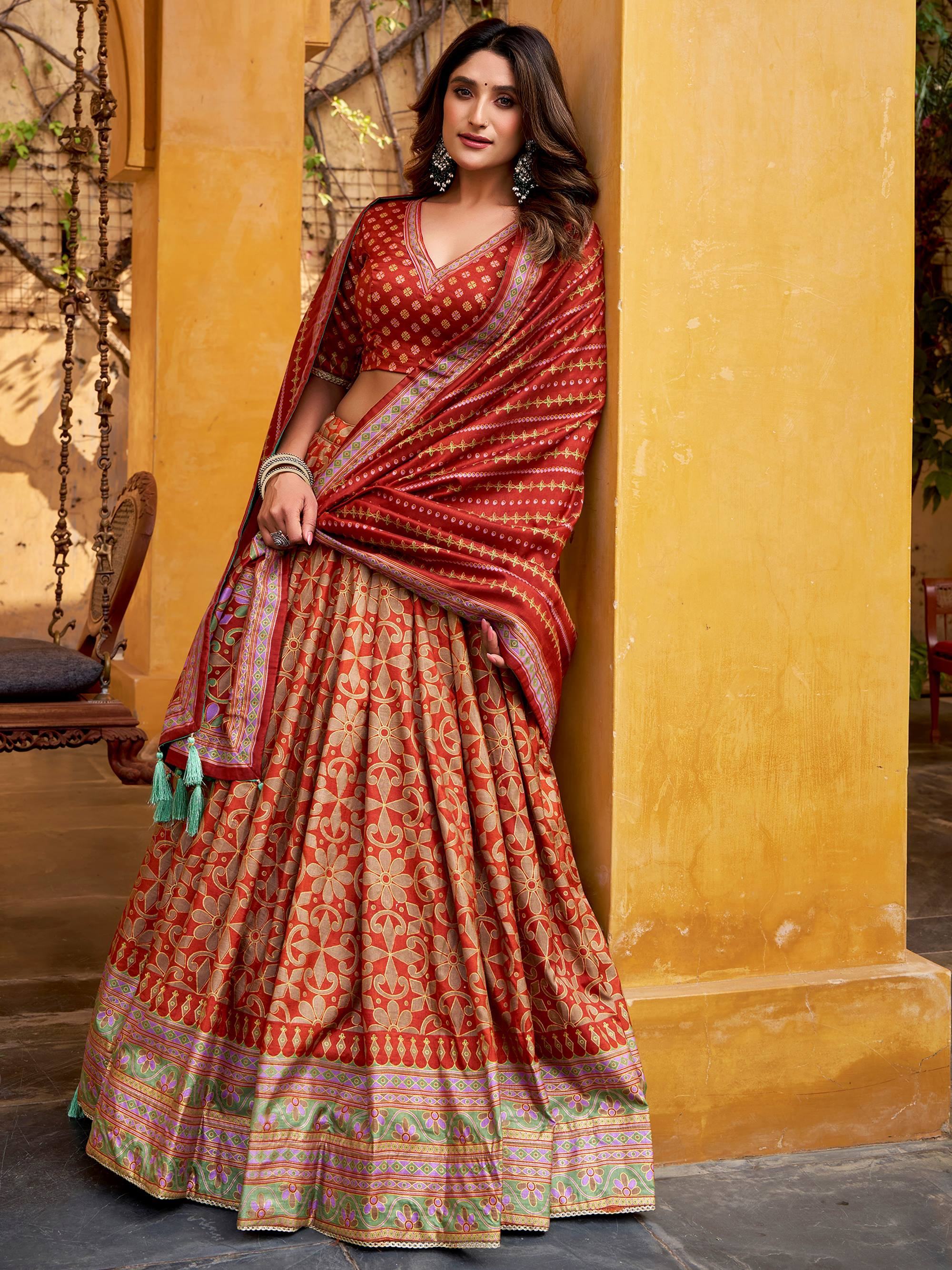 Orange Elegant Digital Printed Silk Wedding Wear Lehenga Choli