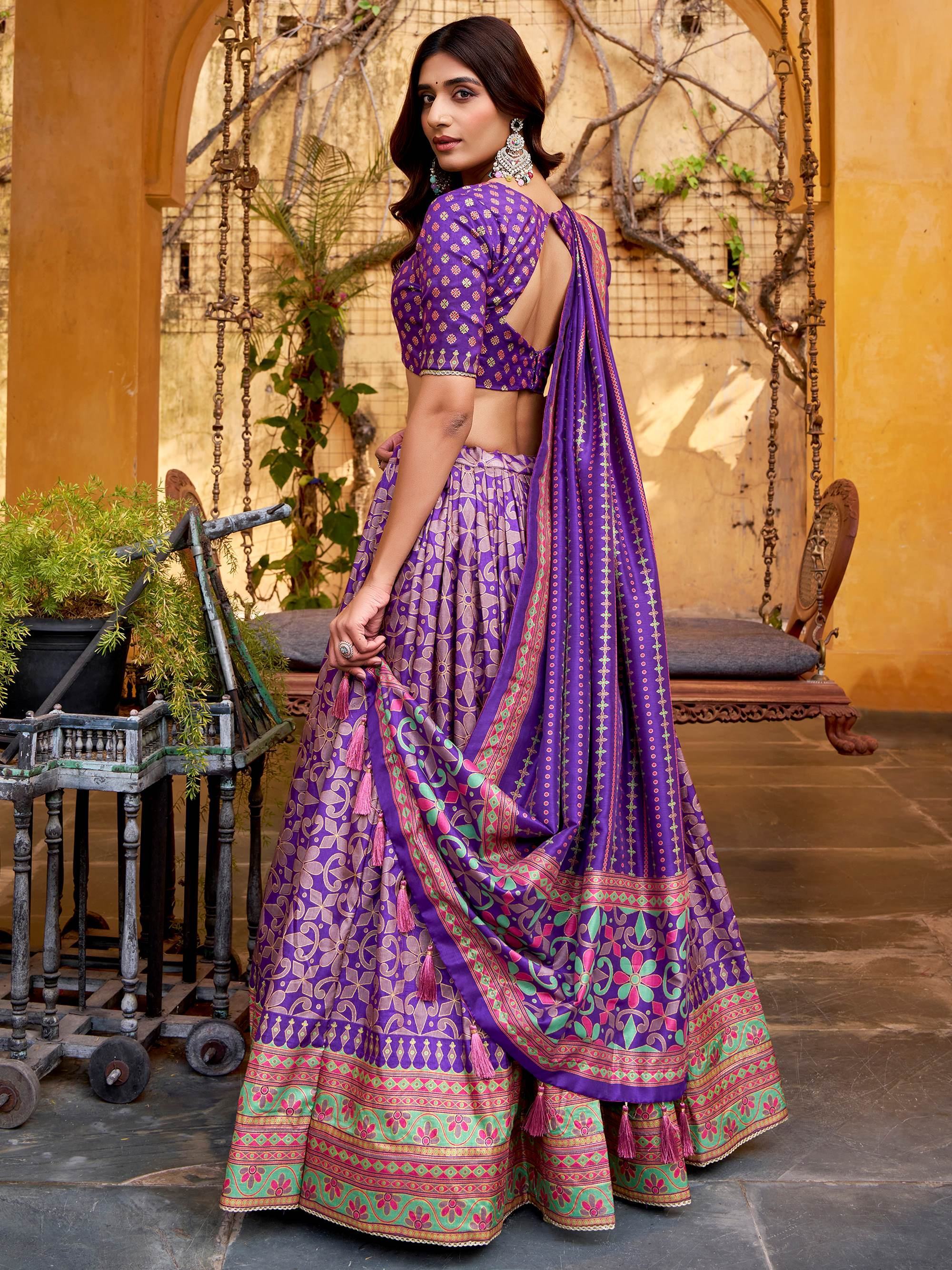Purple Elegant Digital Printed Silk Wedding Wear Lehenga Choli