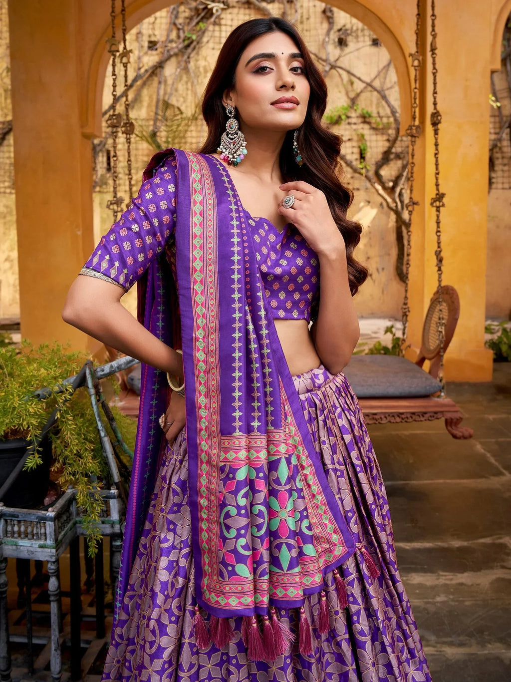 Purple Elegant Digital Printed Silk Wedding Wear Lehenga Choli