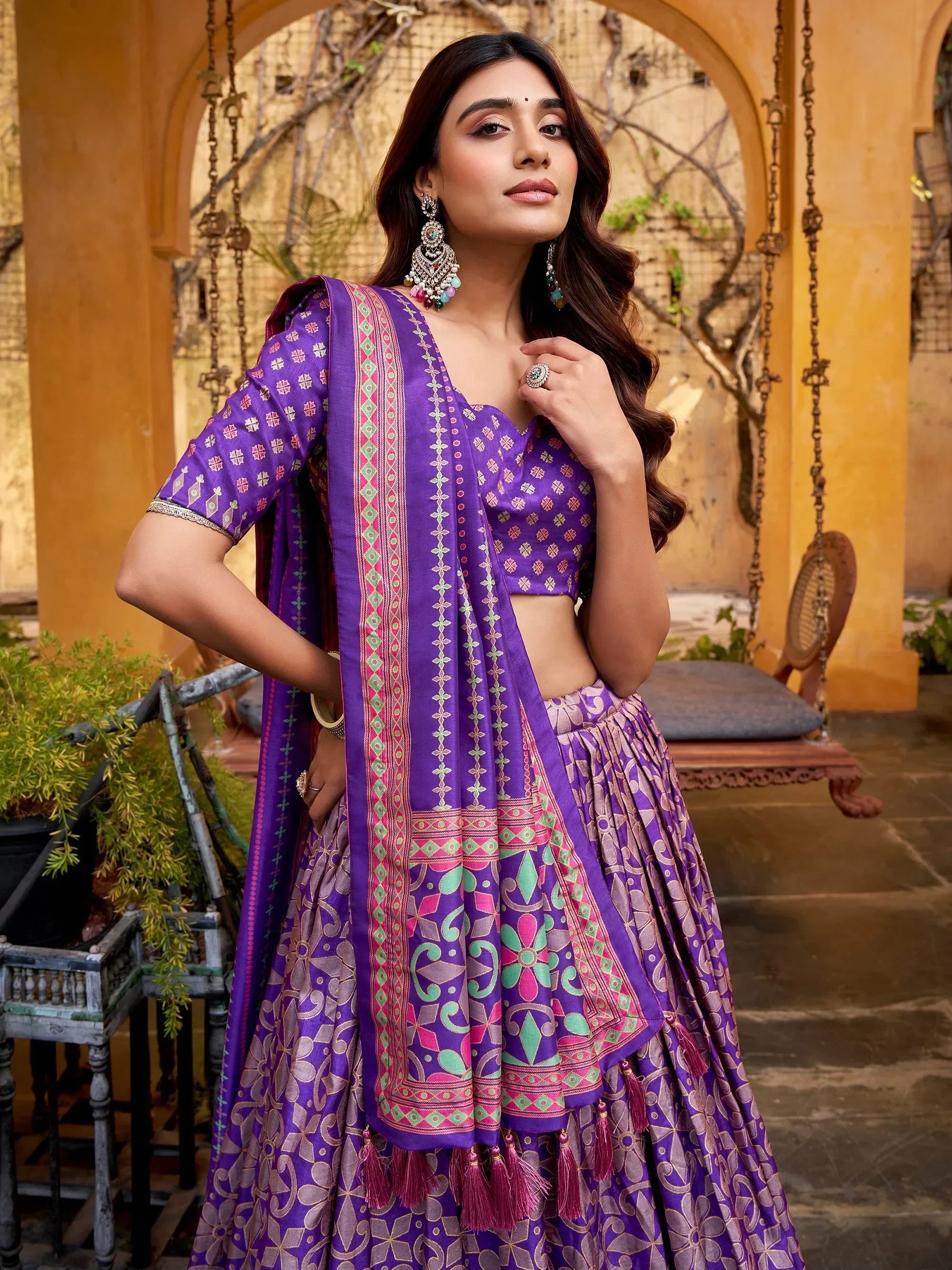 Purple Elegant Digital Printed Silk Wedding Wear Lehenga Choli