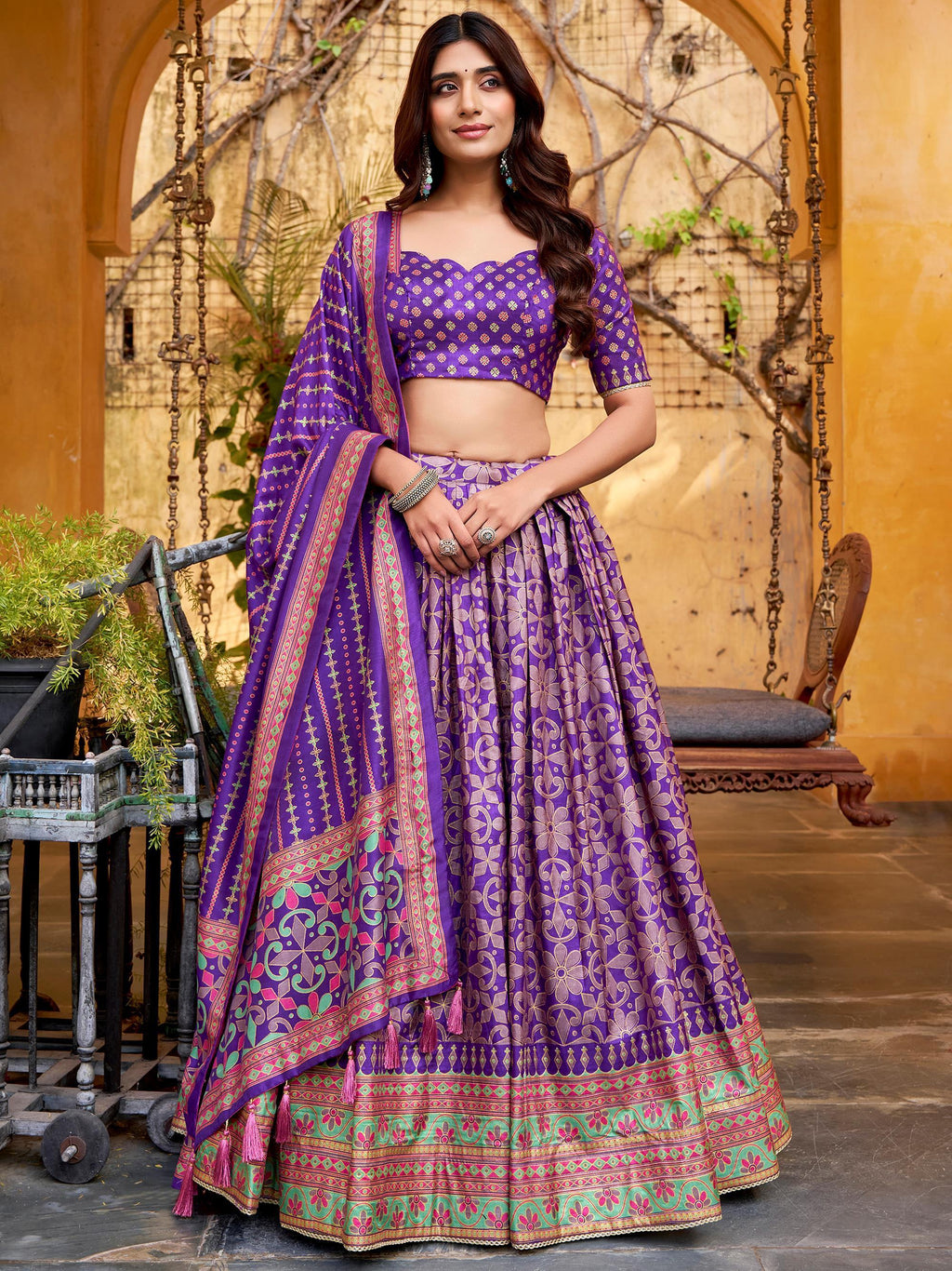 Purple Elegant Digital Printed Silk Wedding Wear Lehenga Choli