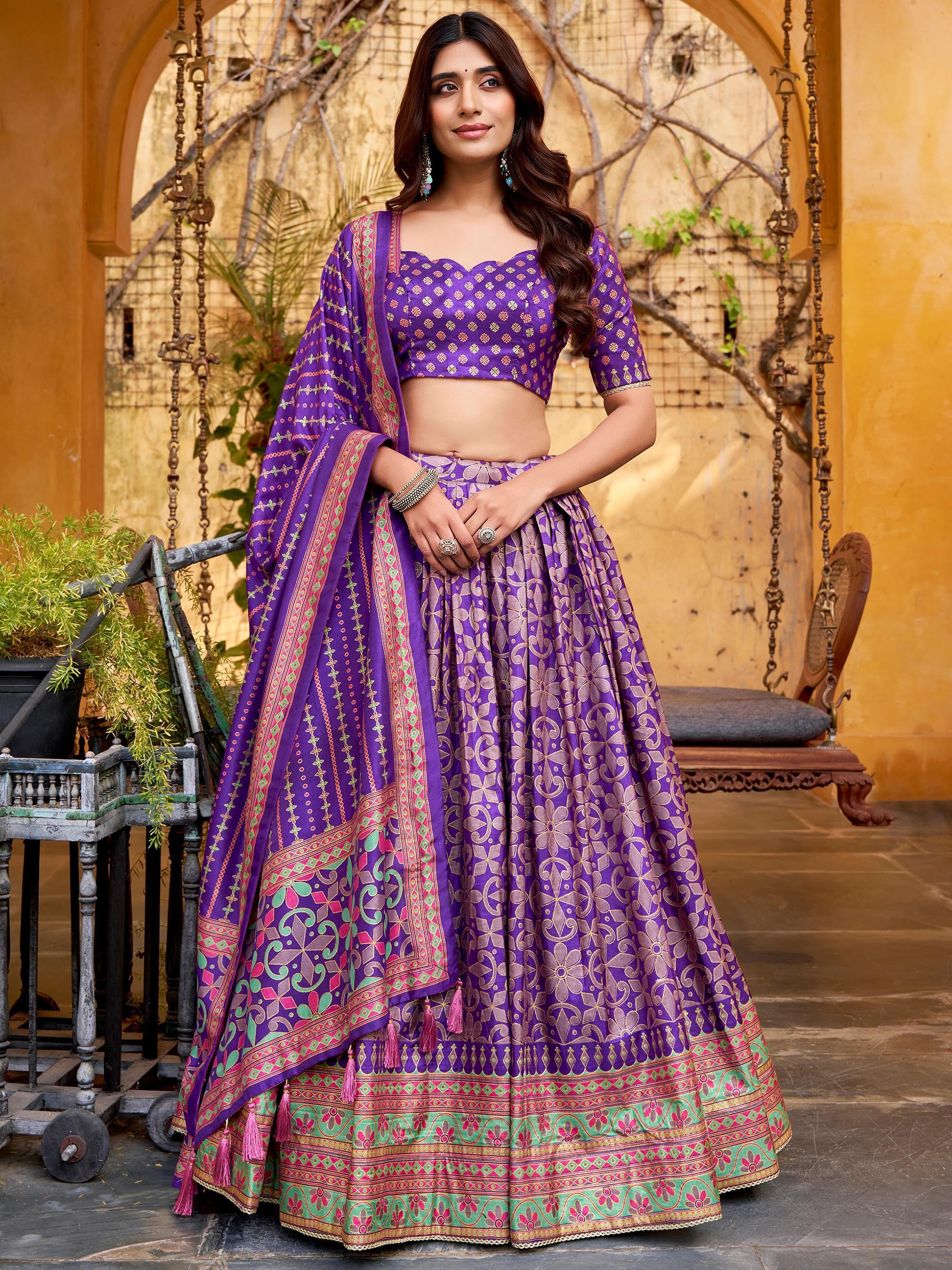Purple Elegant Digital Printed Silk Wedding Wear Lehenga Choli