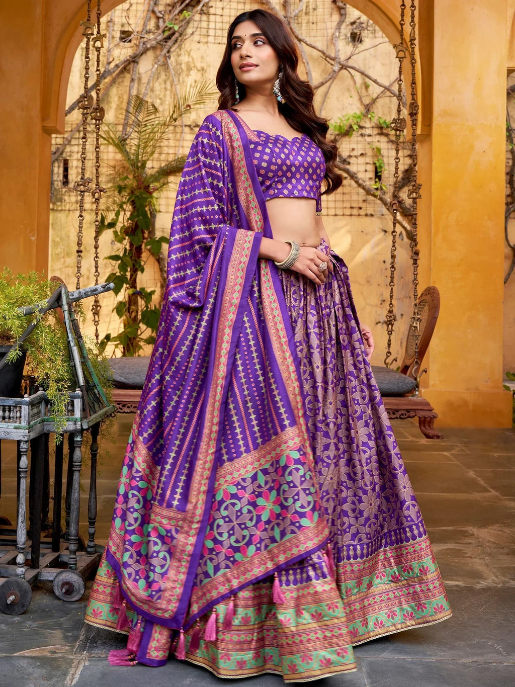 Purple Elegant Digital Printed Silk Wedding Wear Lehenga Choli