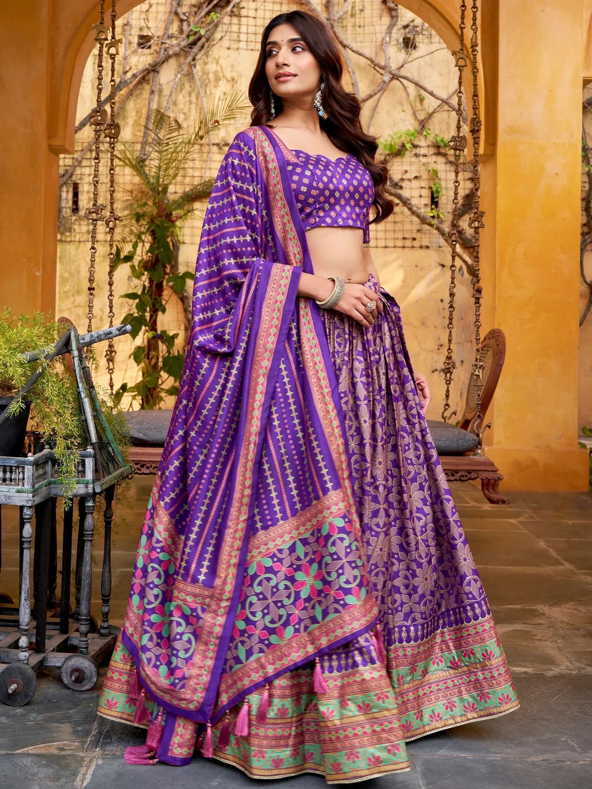 Purple Elegant Digital Printed Silk Wedding Wear Lehenga Choli