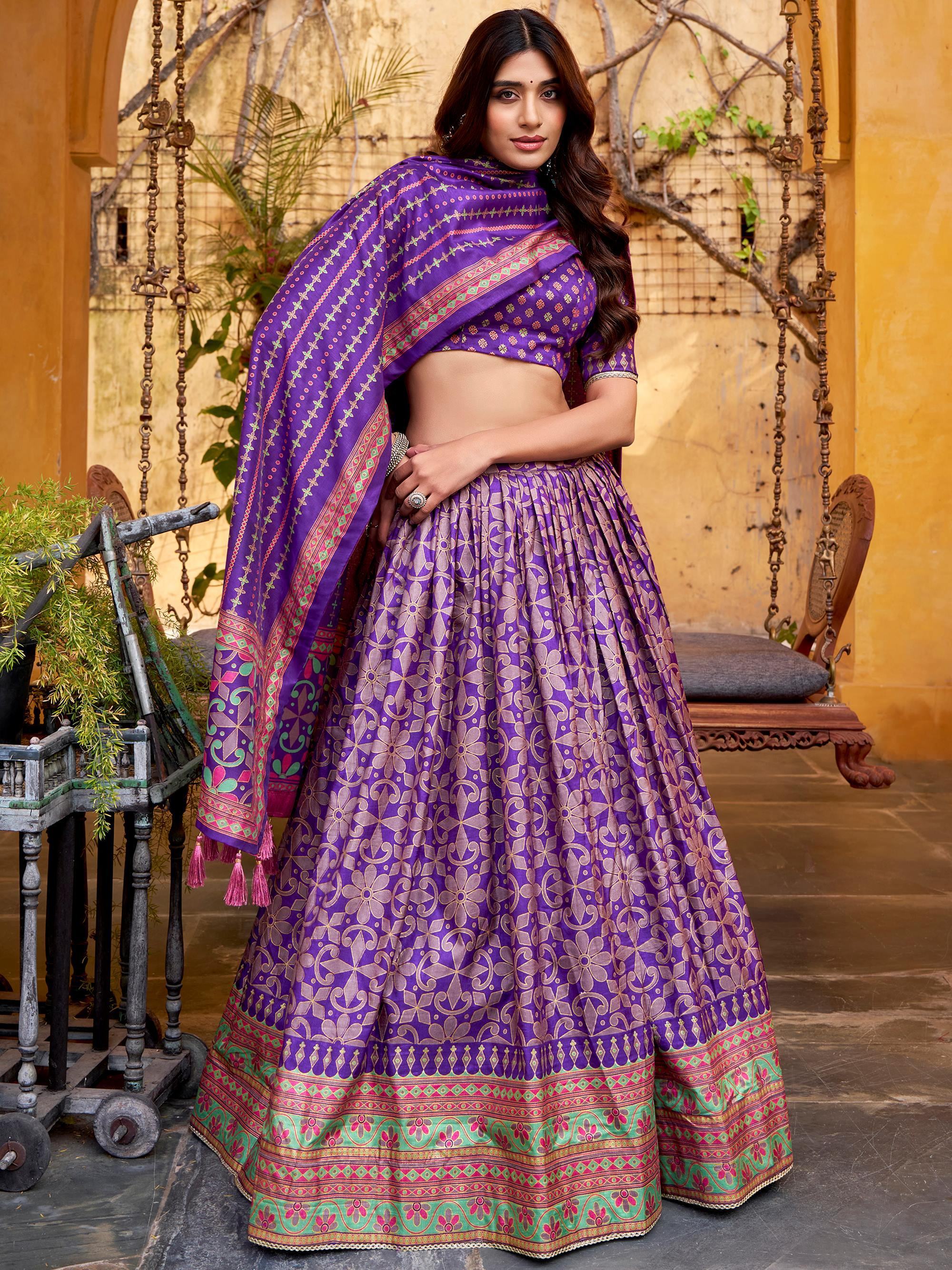 Purple Elegant Digital Printed Silk Wedding Wear Lehenga Choli