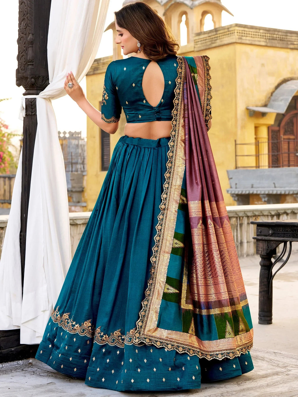 Teal Impressive Embroidered Silk Festival Wear Lehenga Choli