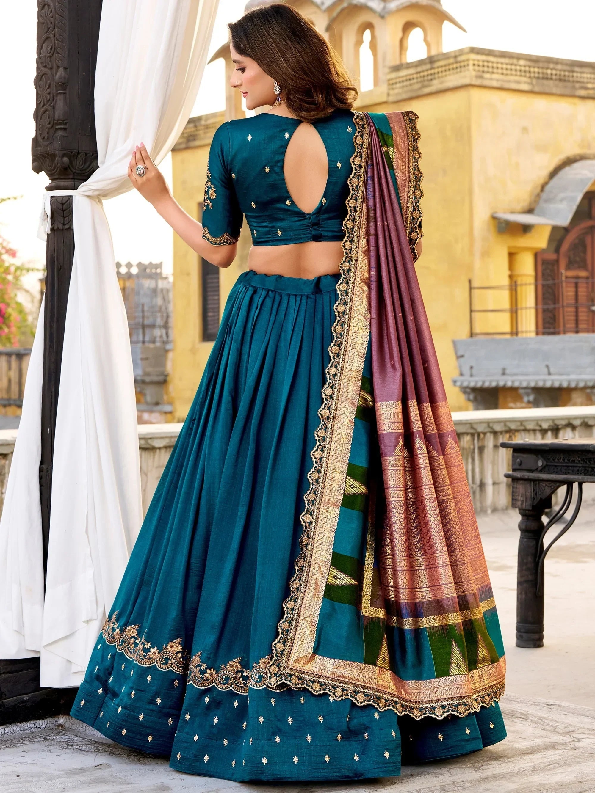 Teal Impressive Embroidered Silk Festival Wear Lehenga Choli