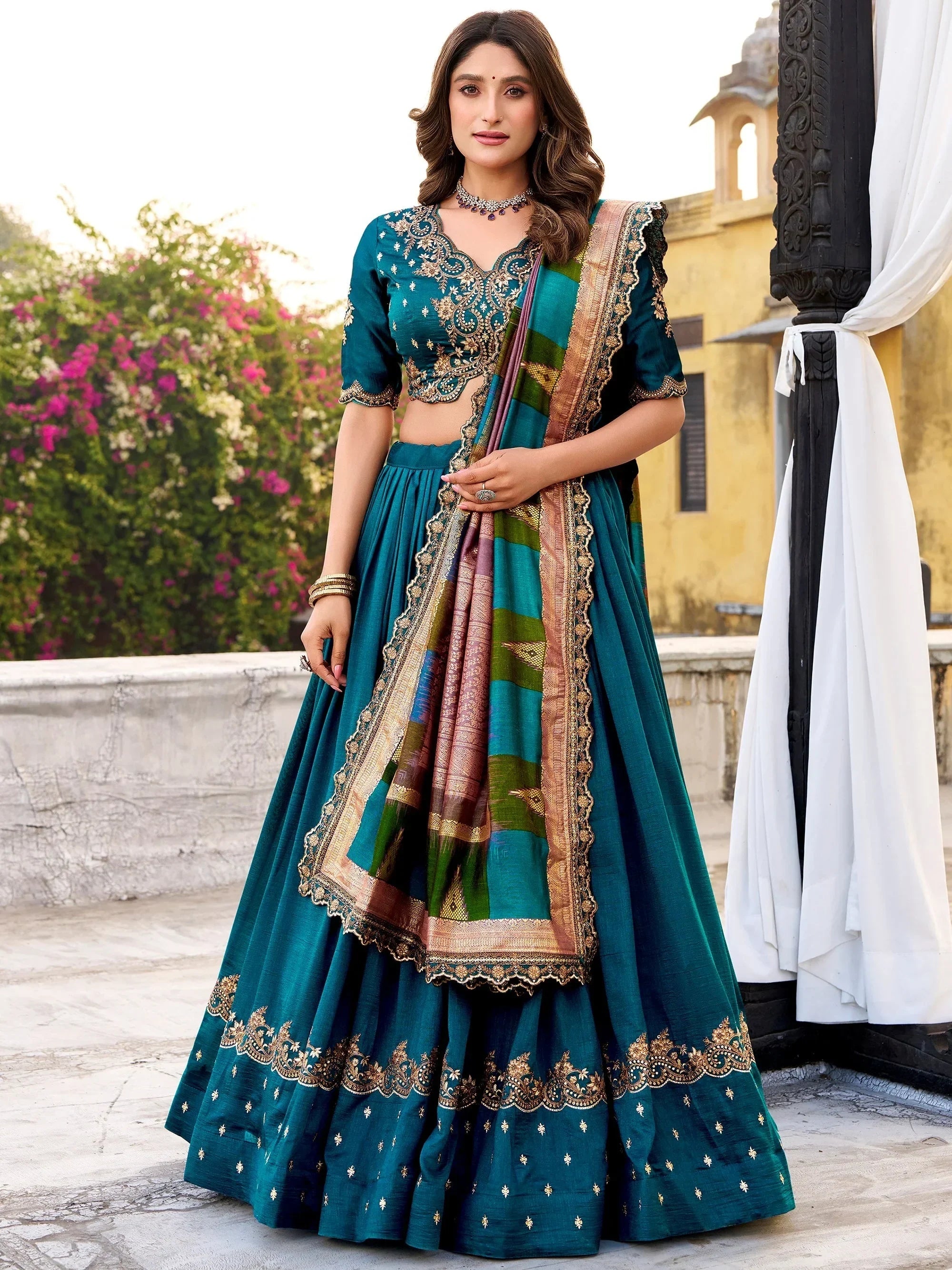 Teal Impressive Embroidered Silk Festival Wear Lehenga Choli