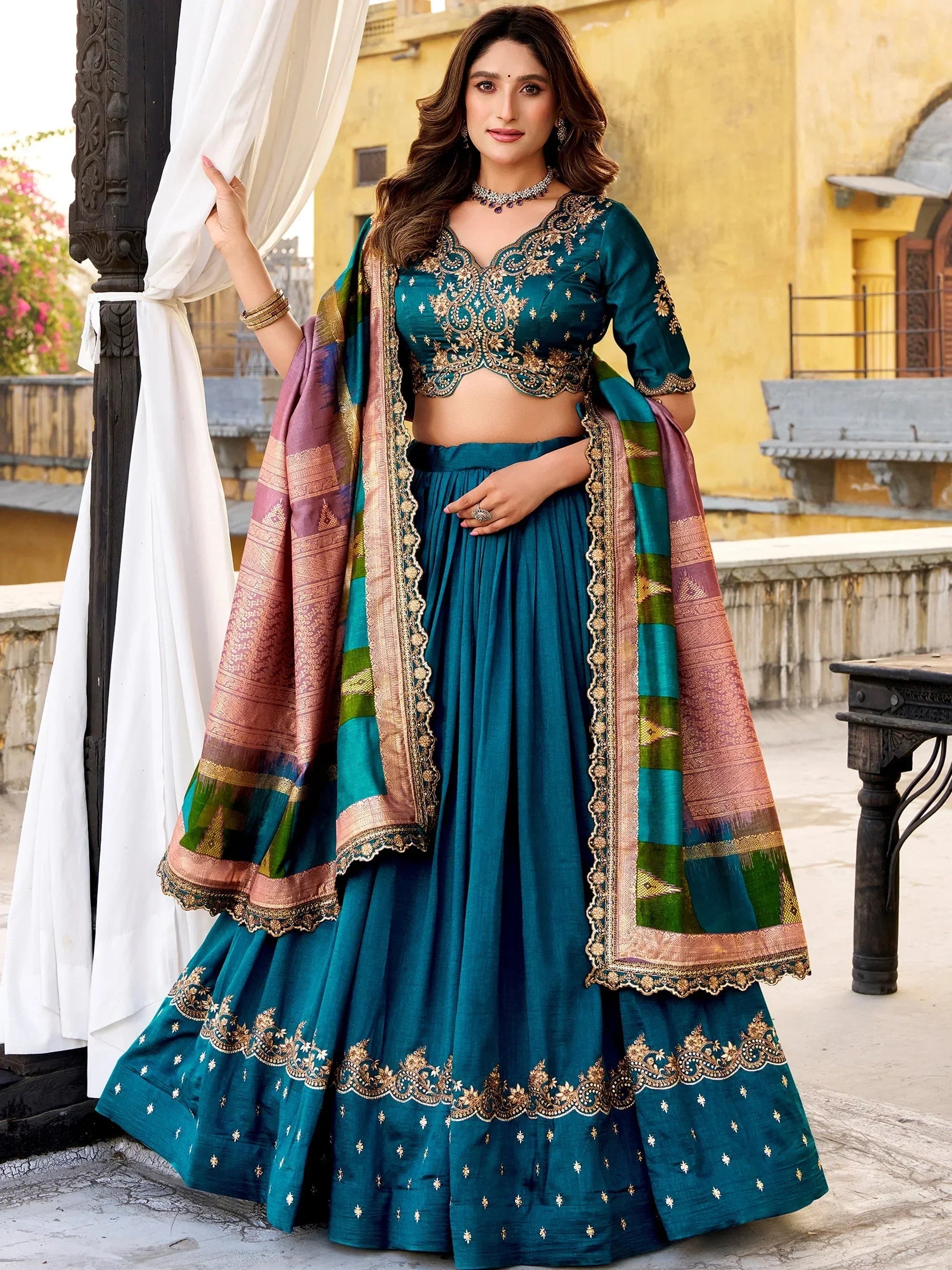 Teal Impressive Embroidered Silk Festival Wear Lehenga Choli