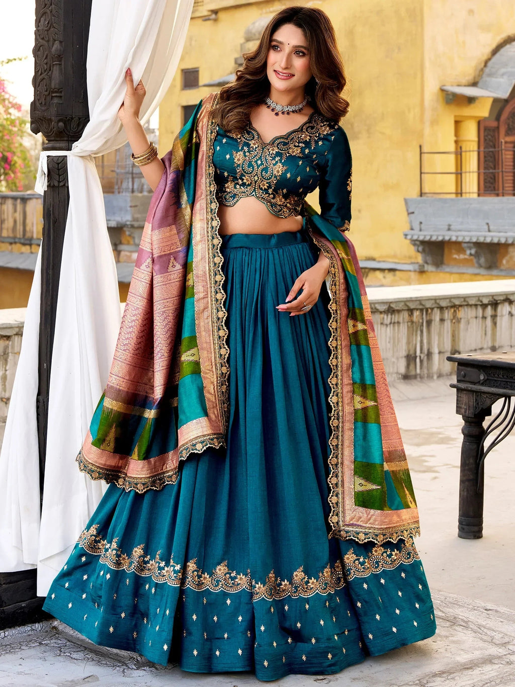 Teal Impressive Embroidered Silk Festival Wear Lehenga Choli