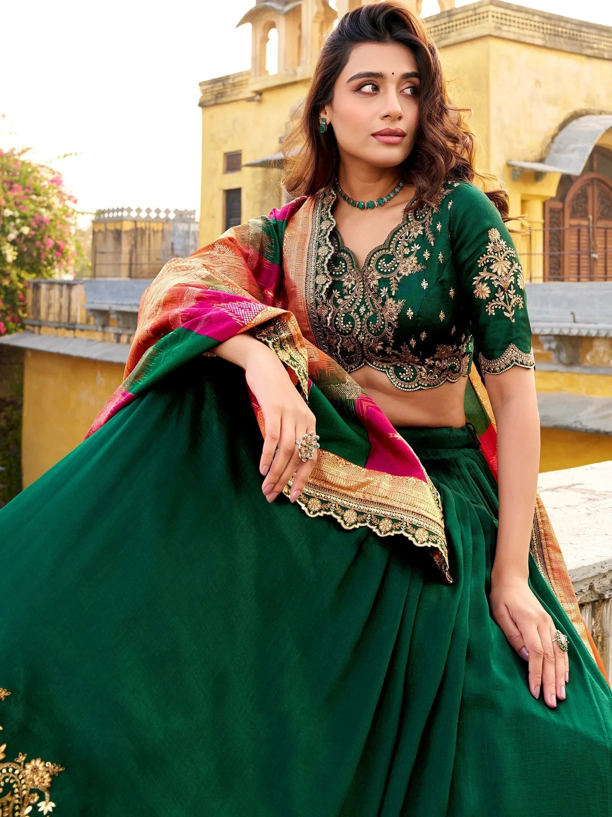 Green Impressive Embroidered Silk Festival Wear Lehenga Choli