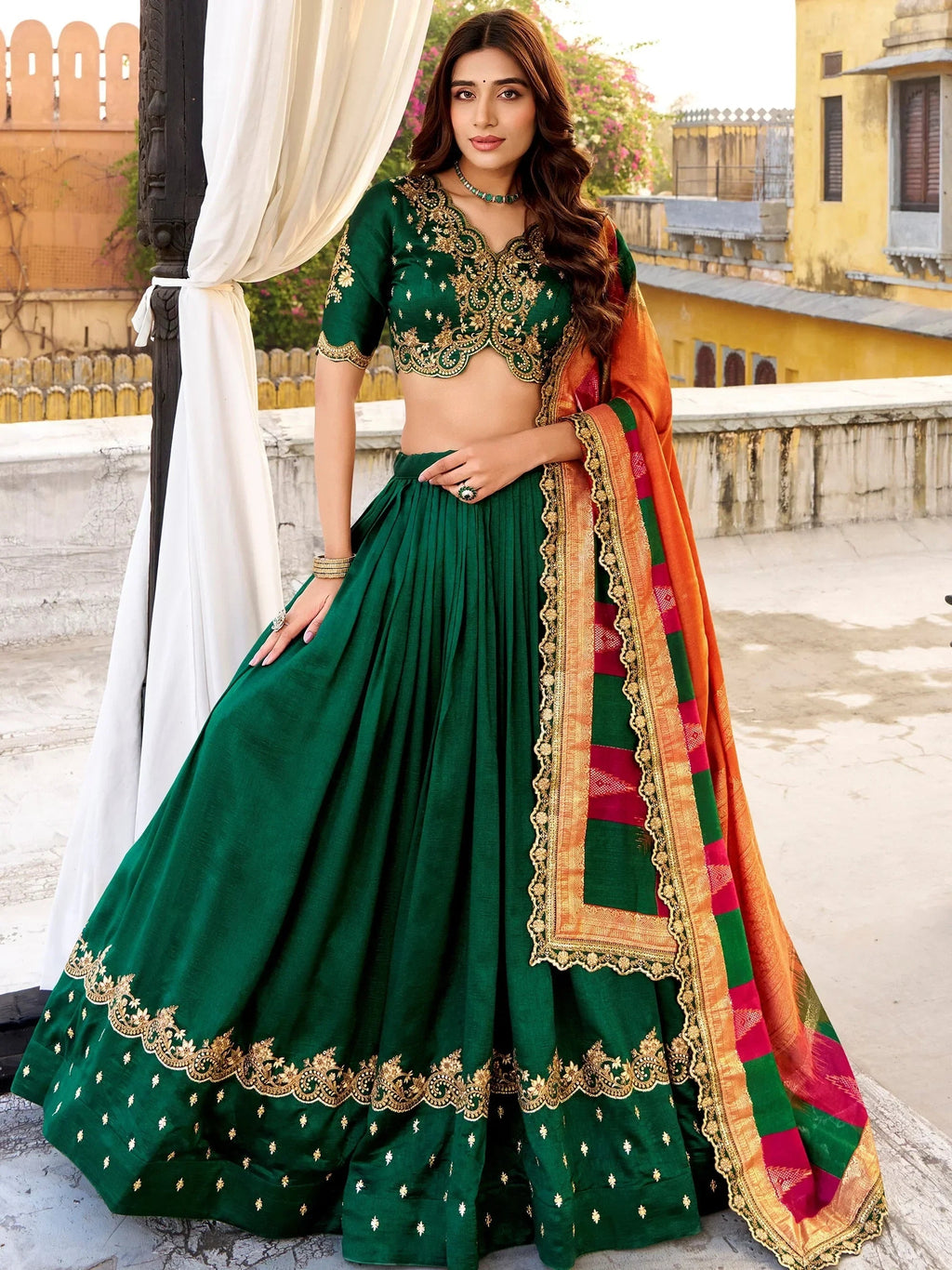 Green Impressive Embroidered Silk Festival Wear Lehenga Choli