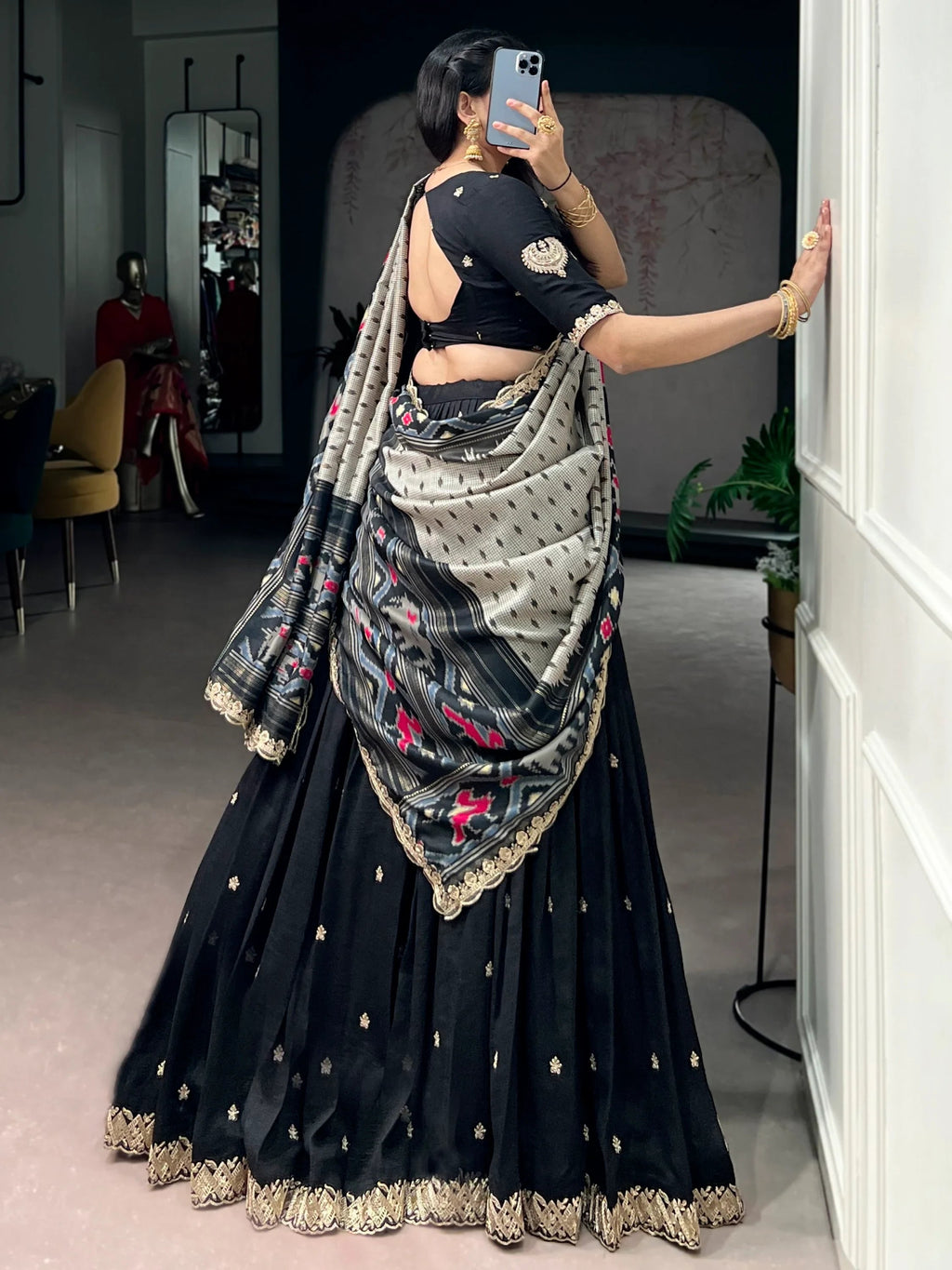Black Rich Thread Embroidered Silk Festive Wear Half Saree Lehenga