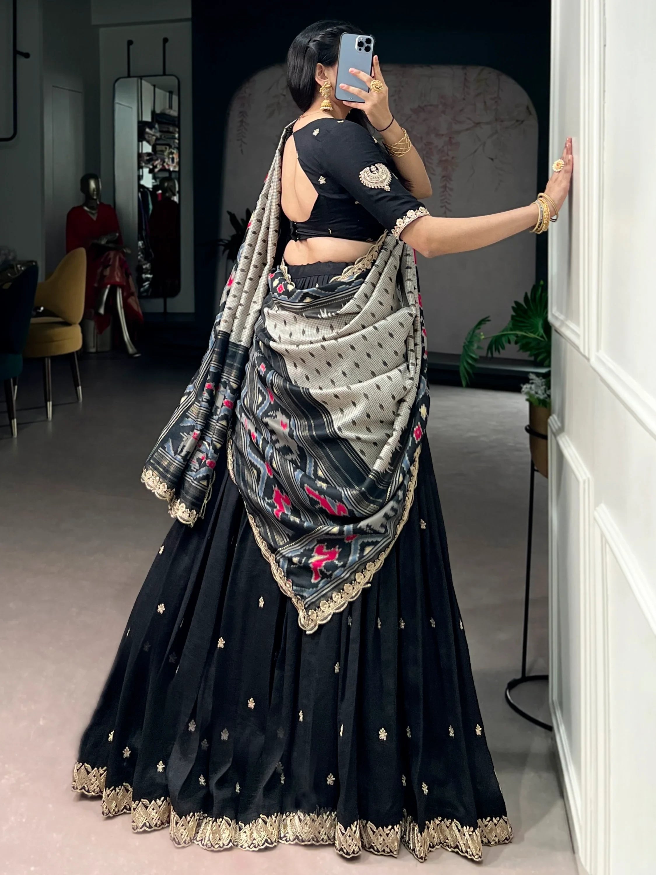 Black Rich Thread Embroidered Silk Festive Wear Half Saree Lehenga