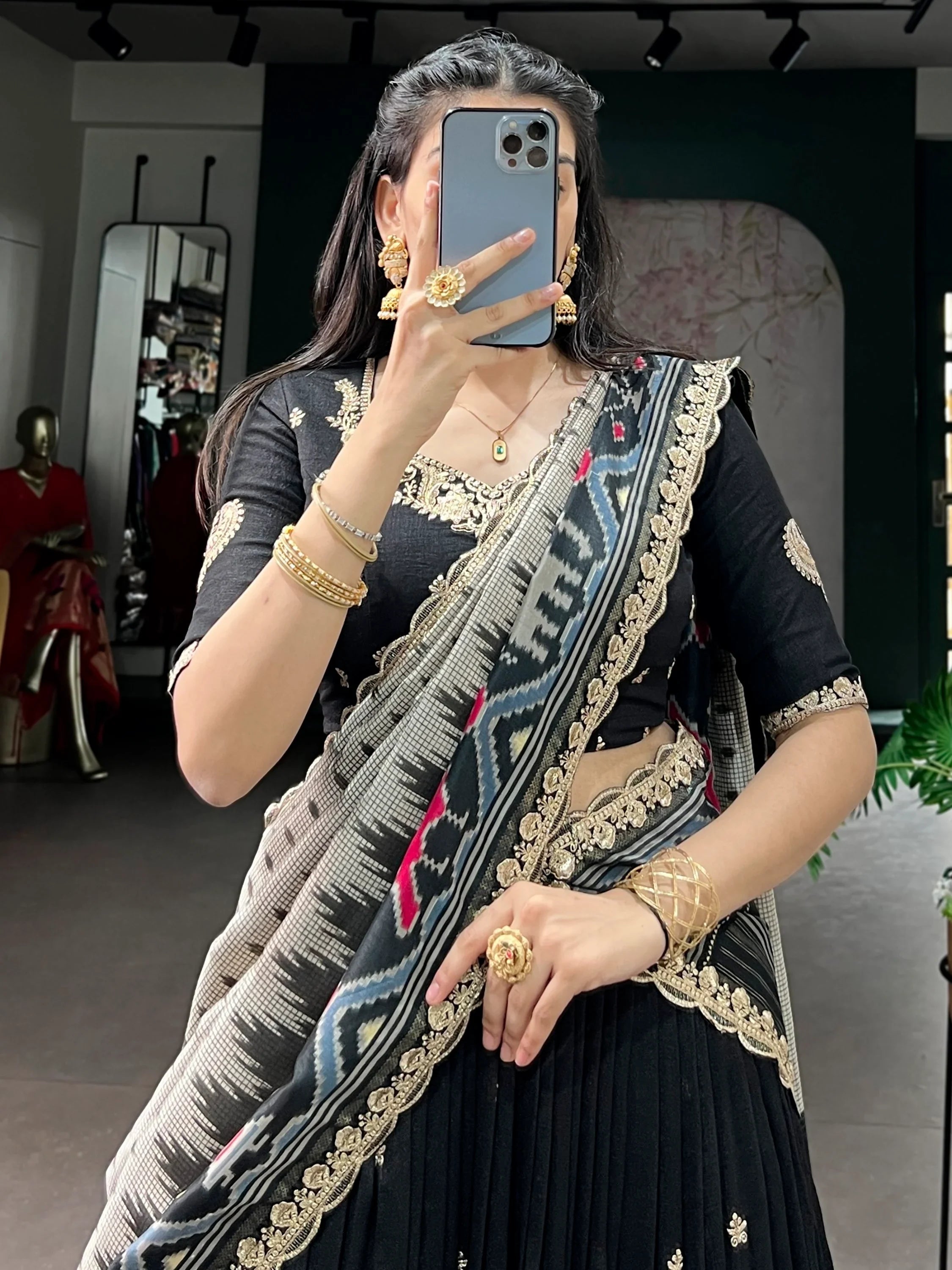 Black Rich Thread Embroidered Silk Festive Wear Half Saree Lehenga