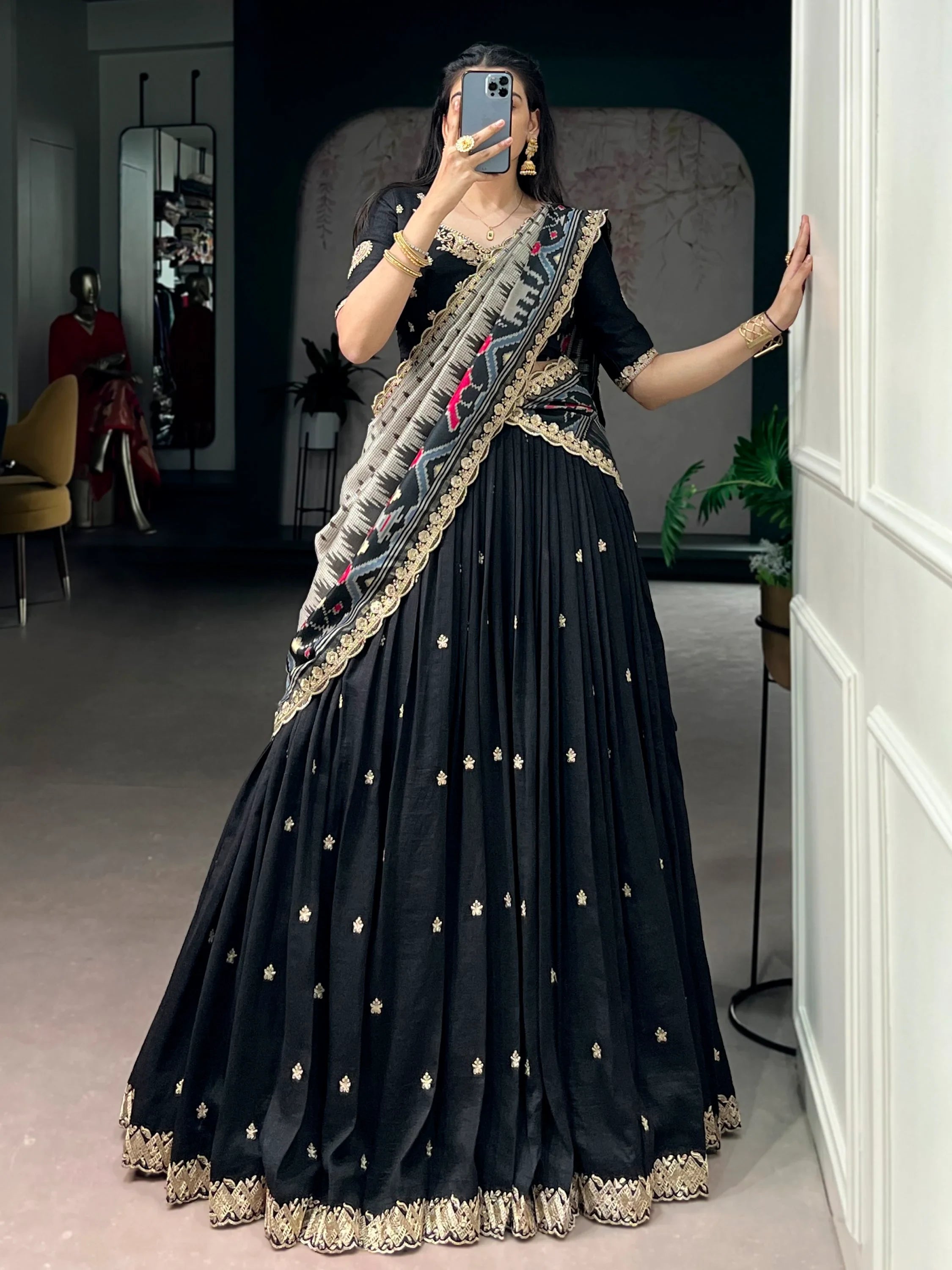 Black Rich Thread Embroidered Silk Festive Wear Half Saree Lehenga