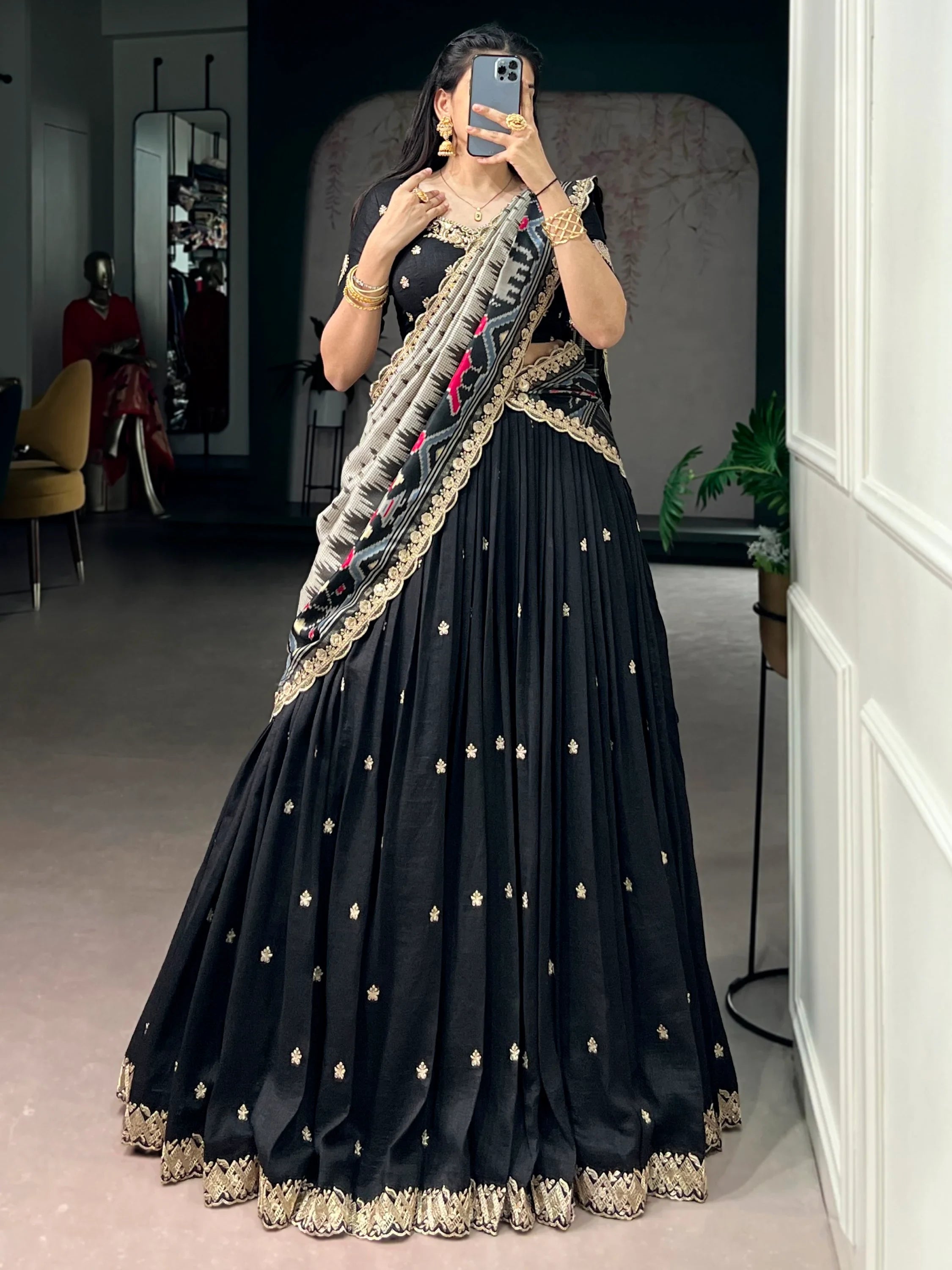 Black Rich Thread Embroidered Silk Festive Wear Half Saree Lehenga