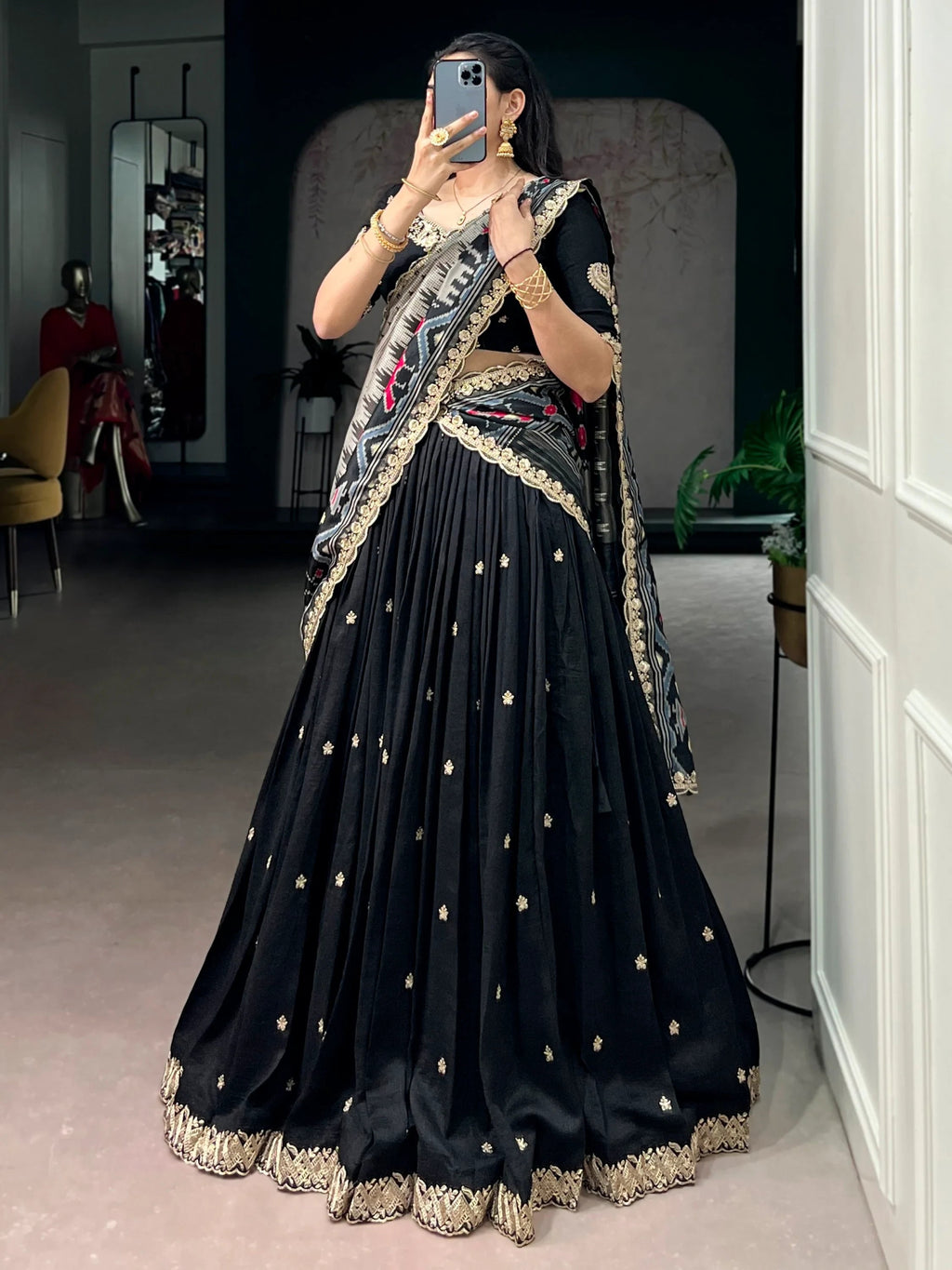 Black Rich Thread Embroidered Silk Festive Wear Half Saree Lehenga