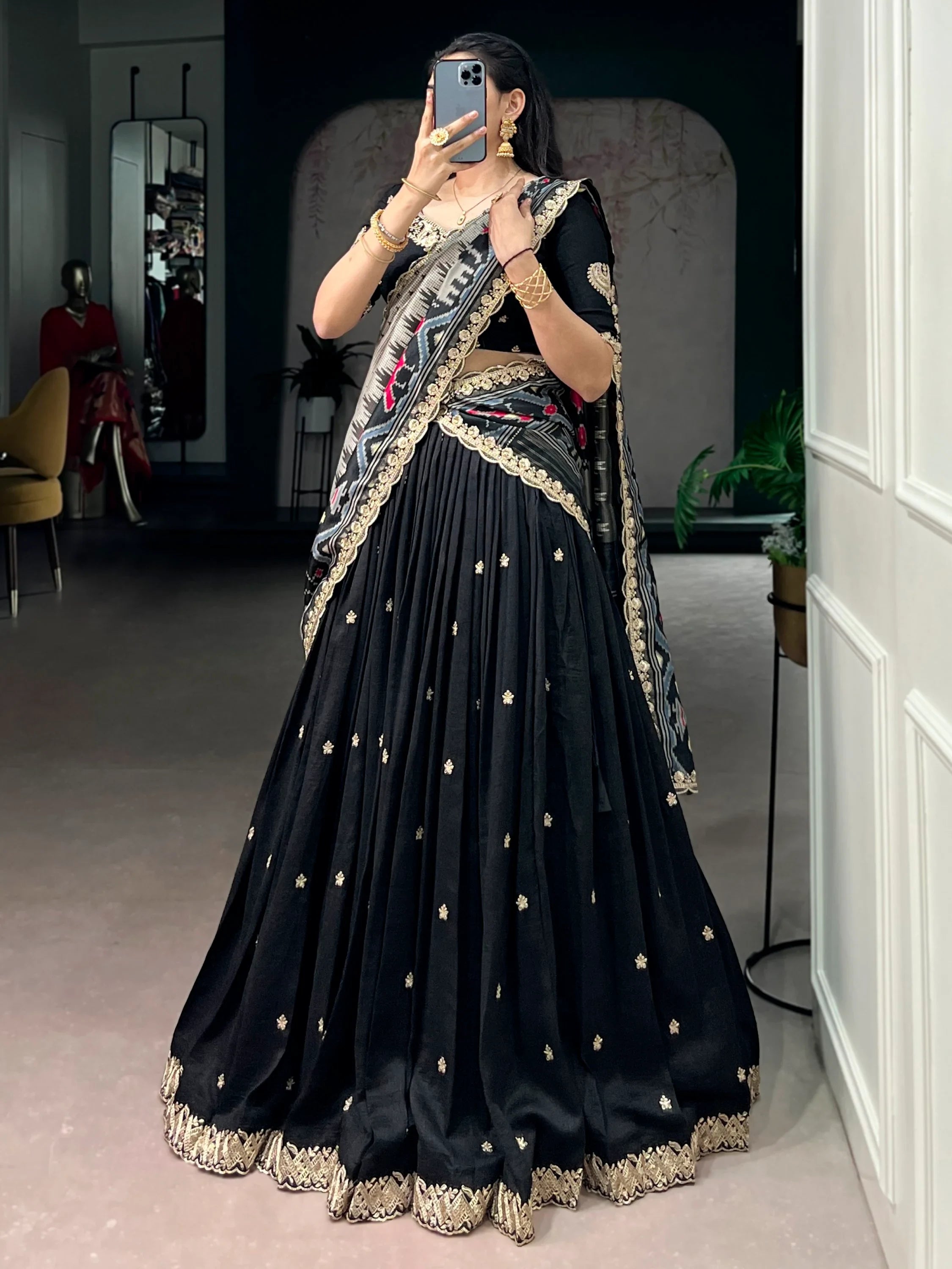 Black Rich Thread Embroidered Silk Festive Wear Half Saree Lehenga