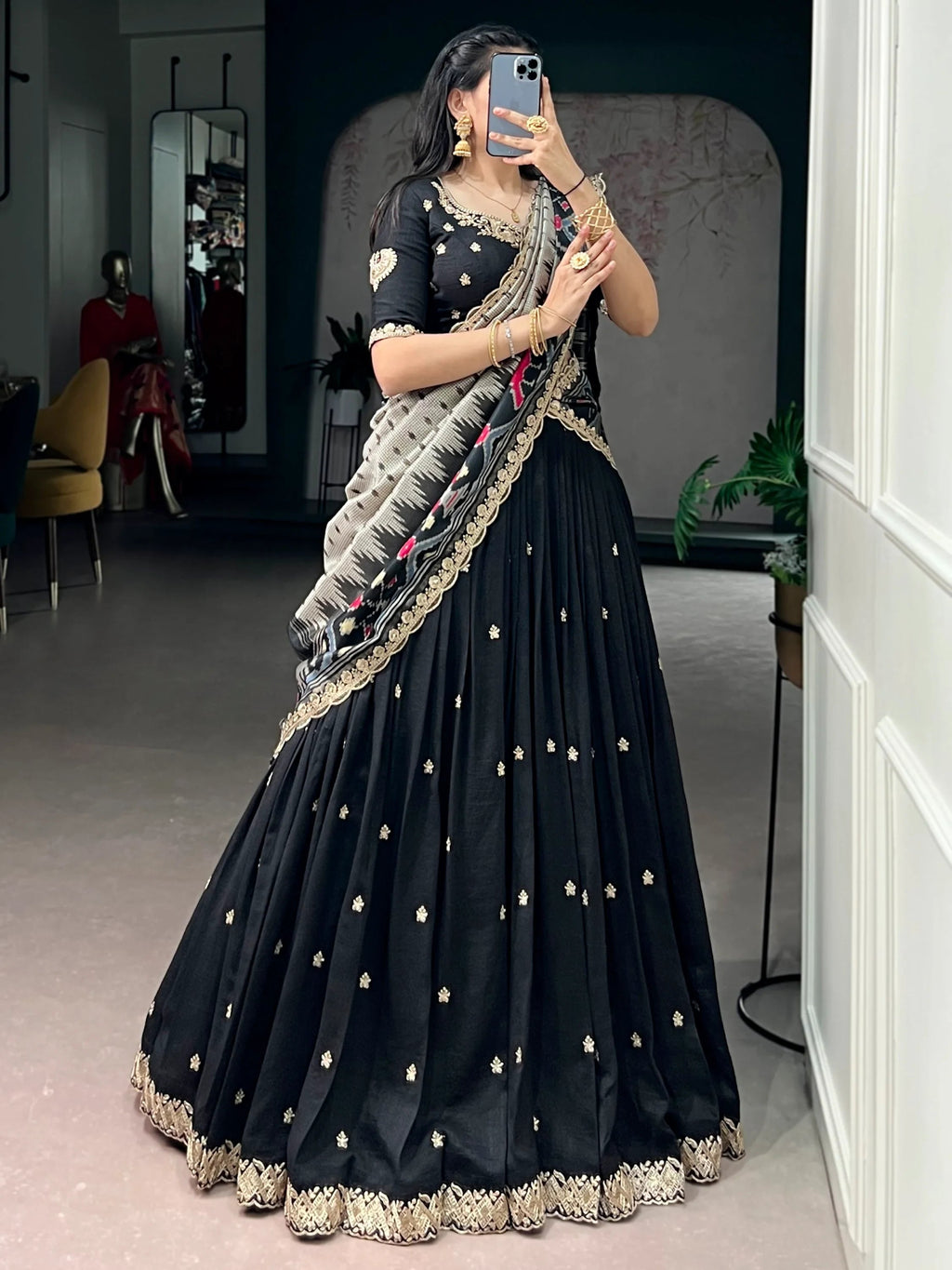 Black Rich Thread Embroidered Silk Festive Wear Half Saree Lehenga