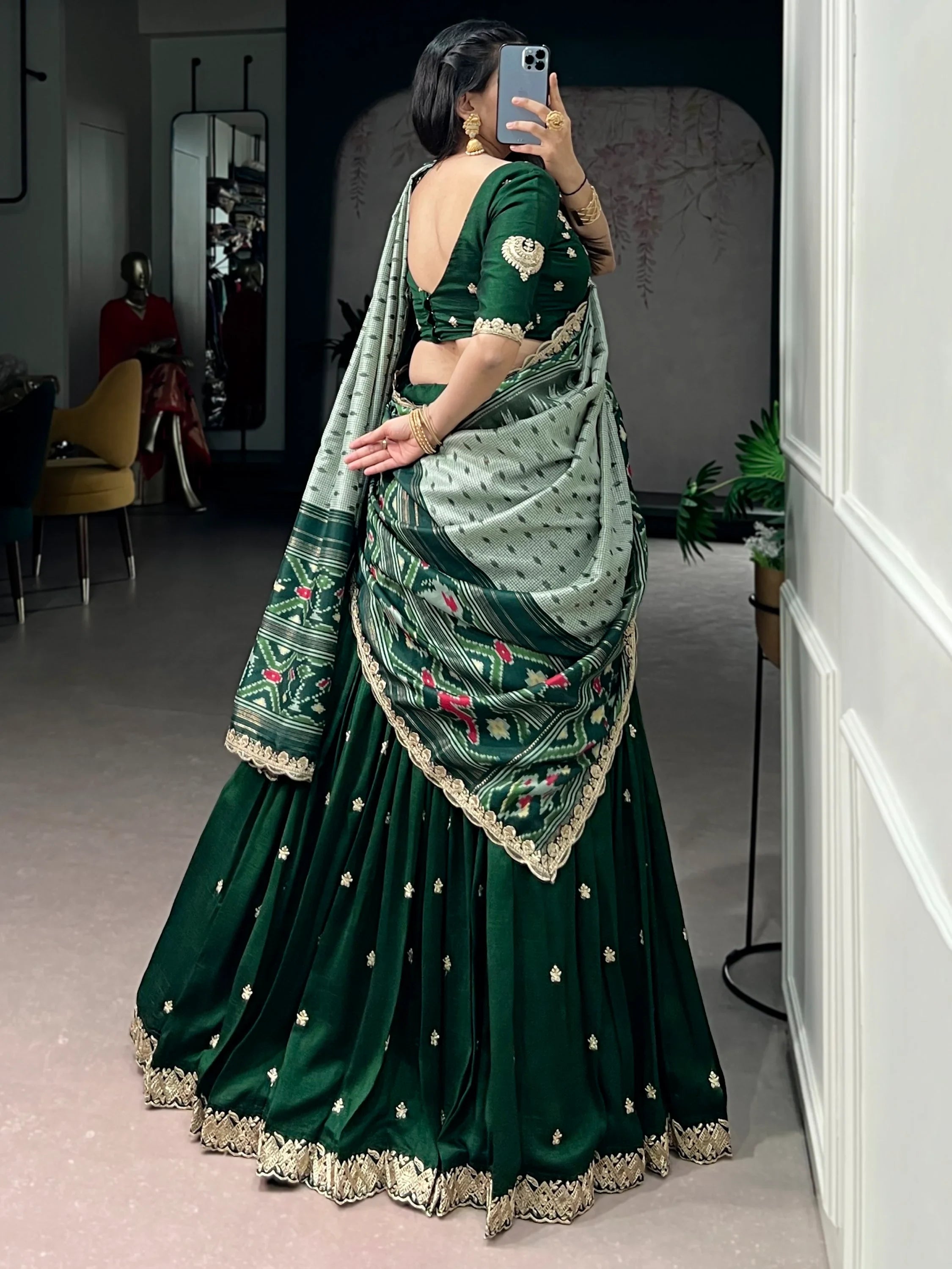 Green Rich Thread Embroidered Silk Festive Wear Half Saree Lehenga