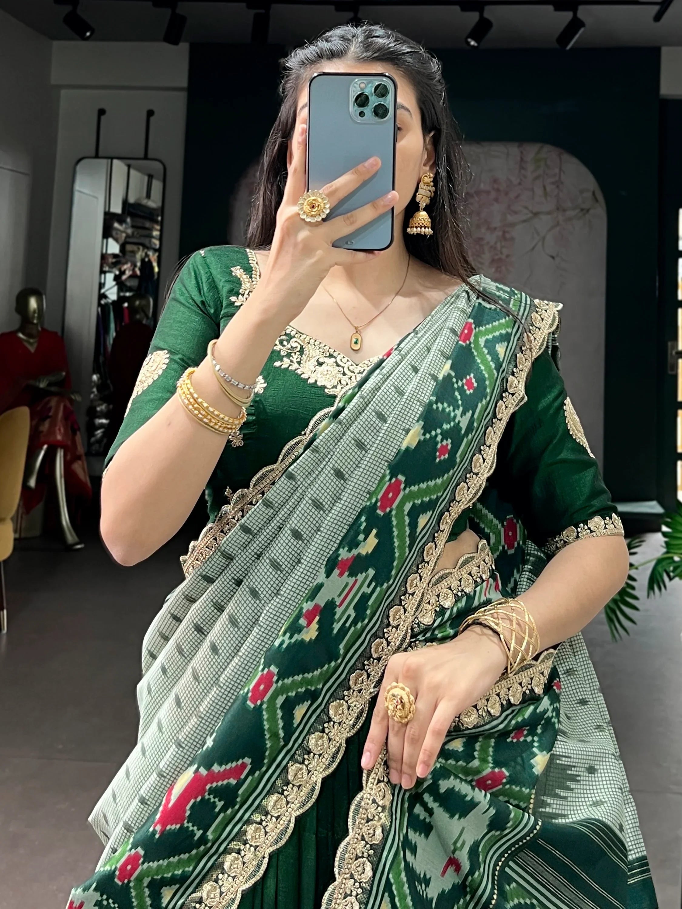 Green Rich Thread Embroidered Silk Festive Wear Half Saree Lehenga