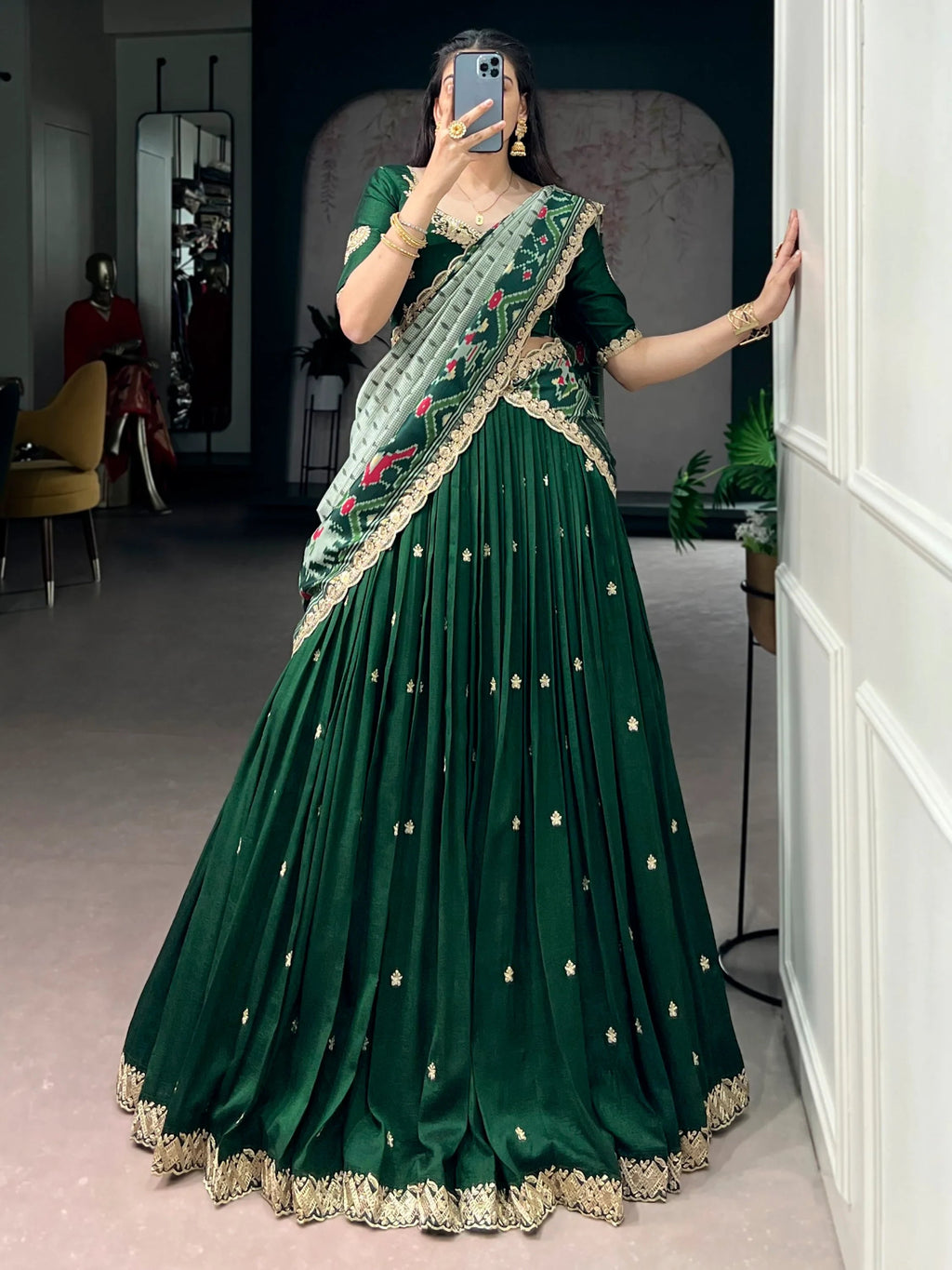 Green Rich Thread Embroidered Silk Festive Wear Half Saree Lehenga